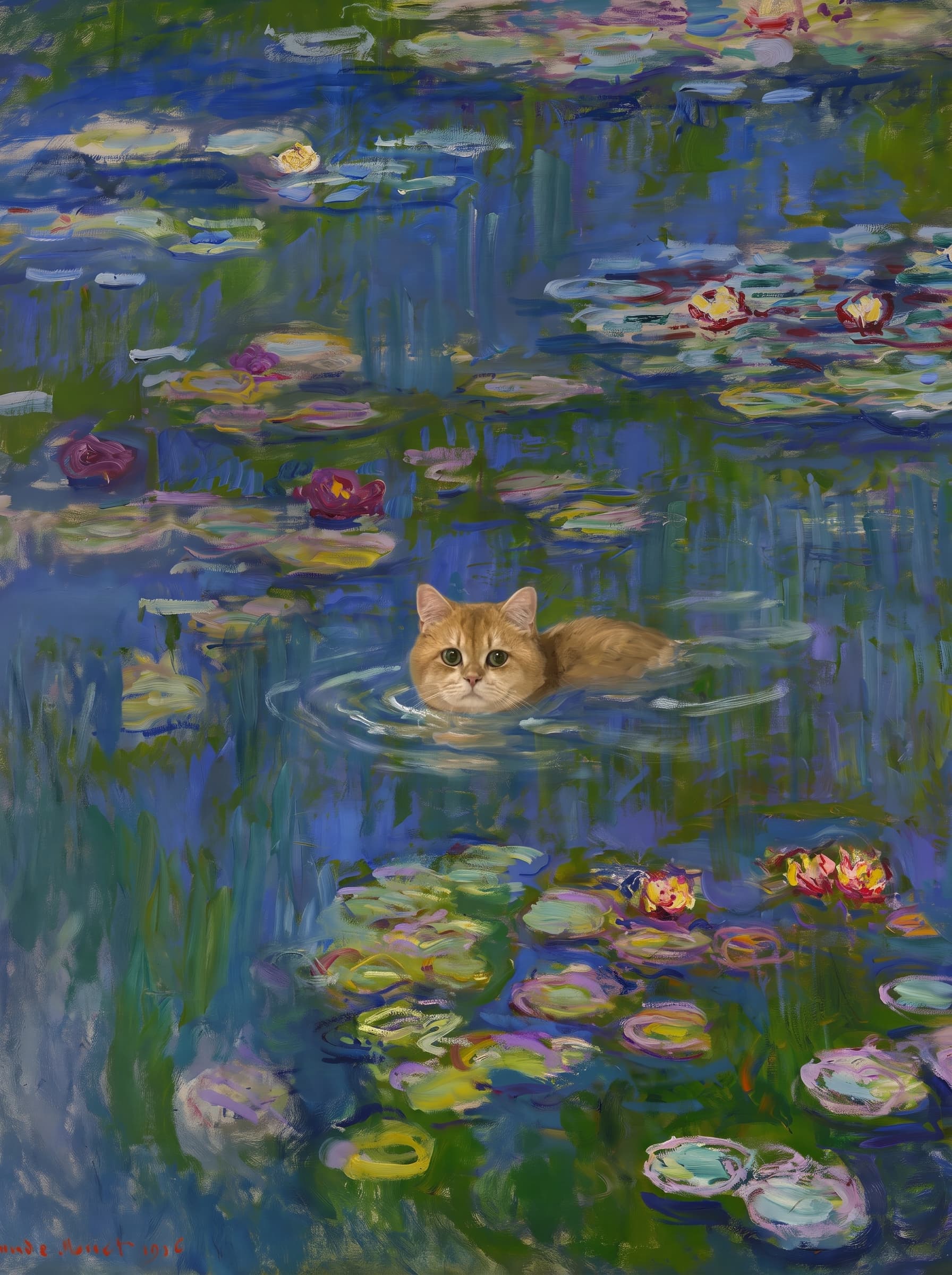 The pet should appear naturally integrated into the middle of the pond, swimming calmly through the water with only its head, upper neck, and a subtle suggestion of its back visible above the surface.
      The pet should be facing forward and looking directly at the viewer. Its wet fur should be suggested through painterly strokes.
      Blend the pet into the scene using Monet-like impressionist oil painting techniques: visible layered brushstrokes, soft broken color, blue-green reflections, violet shadows, golden-orange highlights, and shimmering ripples around the pet. 
      The water should partially obscure the pet’s body, with delicate circular ripples spreading outward. Nearby lily pads and water lilies should remain undisturbed but subtly interact with the ripples.
      The pet must feel like it was originally painted into the artwork, not pasted on top. Match the atmospheric softness, painterly texture, scale, perspective, and color harmony of the original Water Lilies painting. 
      Avoid photorealism, sharp outlines, modern digital effects, or excessive detail. The final image should look like a whimsical impressionist oil painting in the spirit of late Monet, with the pet quietly swimming among the lily pads at the center of the pond.
      Art Style: Paint in Fauvism, post-impressionism style. Use simplified shapes, exaggerates color, and flattens perspective to create charm and personality.
Use saturated, non-naturalistic colors and flattened perspective reminiscent of Henri Matisse.
The brushwork is loose, visible, and painterly, with uneven strokes that give the surface texture and movement.
Paint with large areas of flat color patches, simplified shapes, bold decorative outlines, and minimal blending.
The composition is flattened and slightly distorted, with compressed perspective.
The painting is expressive, utilizing thick, confident strokes and quick, rhythmic marks that prioritize texture and visual energy over realistic blending or depth.