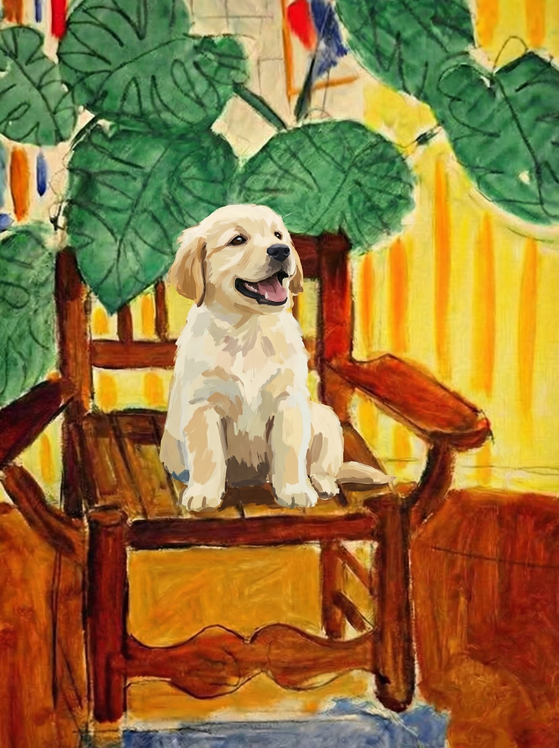 A pet sitting on a brown chair, looking at the viewer. Colors are applied with minimal blending, creating a flat, illustrative feel. The brushwork is broad, rapid, and direct. Strokes are loose, visible, applied thinly, defining the forms quickly without building up significant physical texture or impasto on the surface.