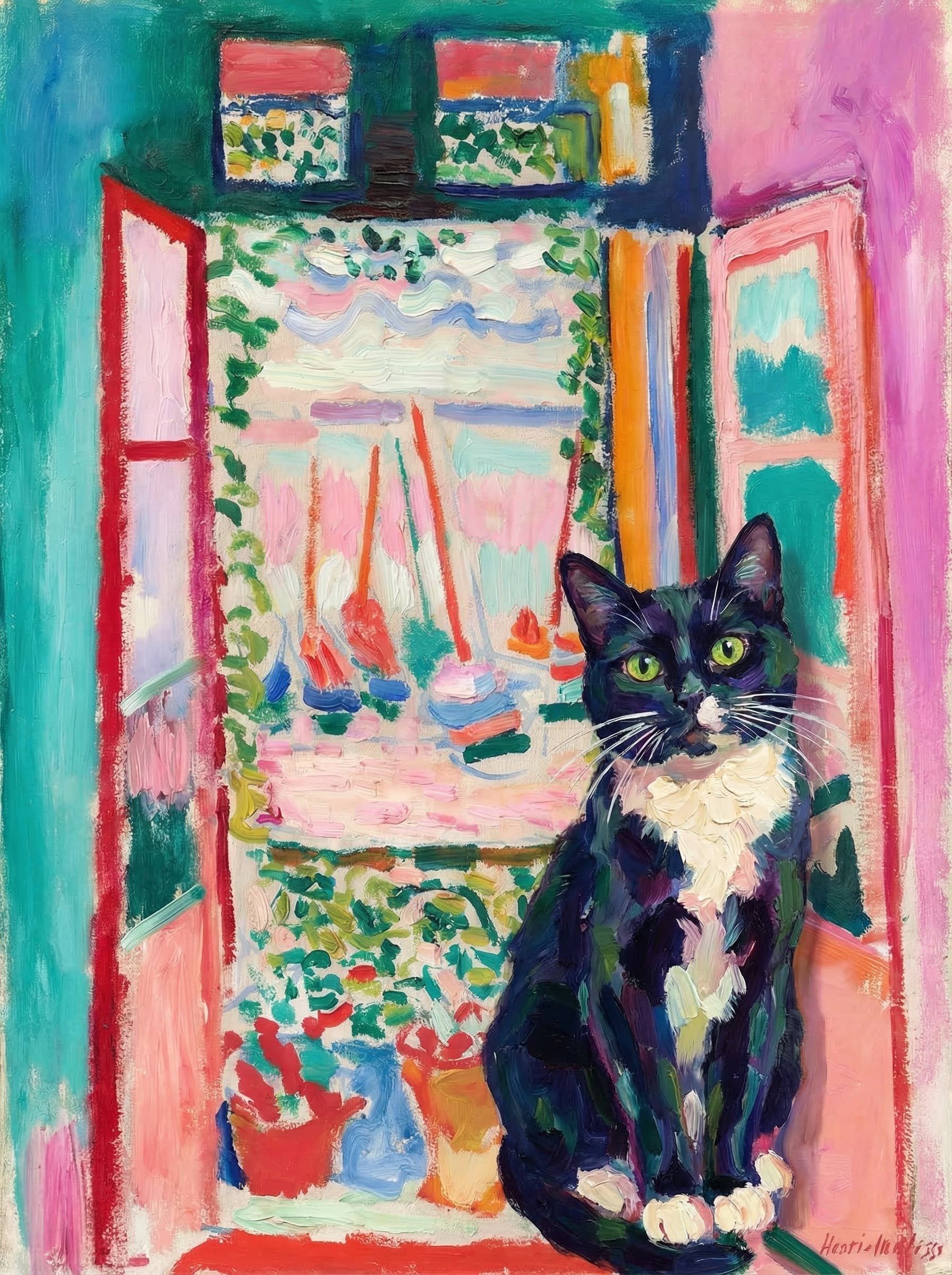 A pet sitting on the right bottom frame of an open door, with its back to the opening while facing the room, looking at the viewer, slight leaning on the right-side door panel. Paint in post-impressionism style. Use loosely painted, vibrantly colored, stylized, vertical painting.