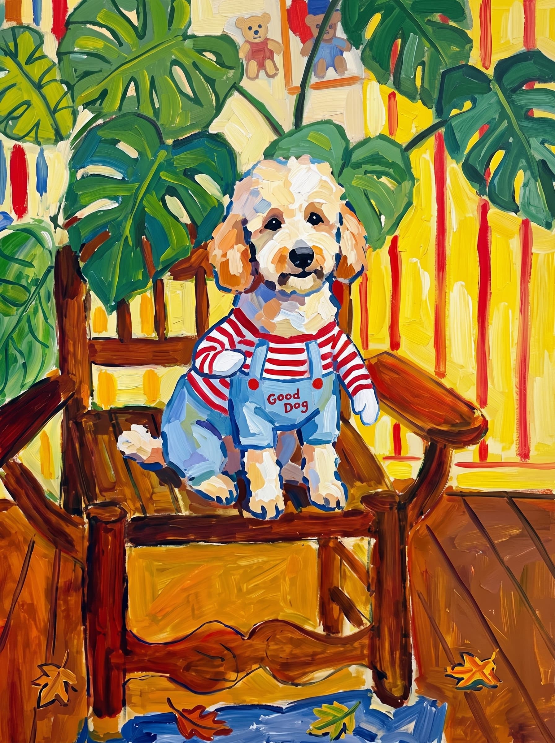 A pet sitting on a brown chair, looking at the viewer. Art Style: Paint in Fauvism, post-impressionism style. Use simplified shapes, exaggerates color, and flattens perspective to create charm and personality.
Use saturated, non-naturalistic colors and flattened perspective reminiscent of Henri Matisse.
The brushwork is loose, visible, and painterly, with uneven strokes that give the surface texture and movement.
Paint with large areas of flat color patches, simplified shapes, bold decorative outlines, and minimal blending.
The composition is flattened and slightly distorted, with compressed perspective.
The painting is expressive, utilizing thick, confident strokes and quick, rhythmic marks that prioritize texture and visual energy over realistic blending or depth.