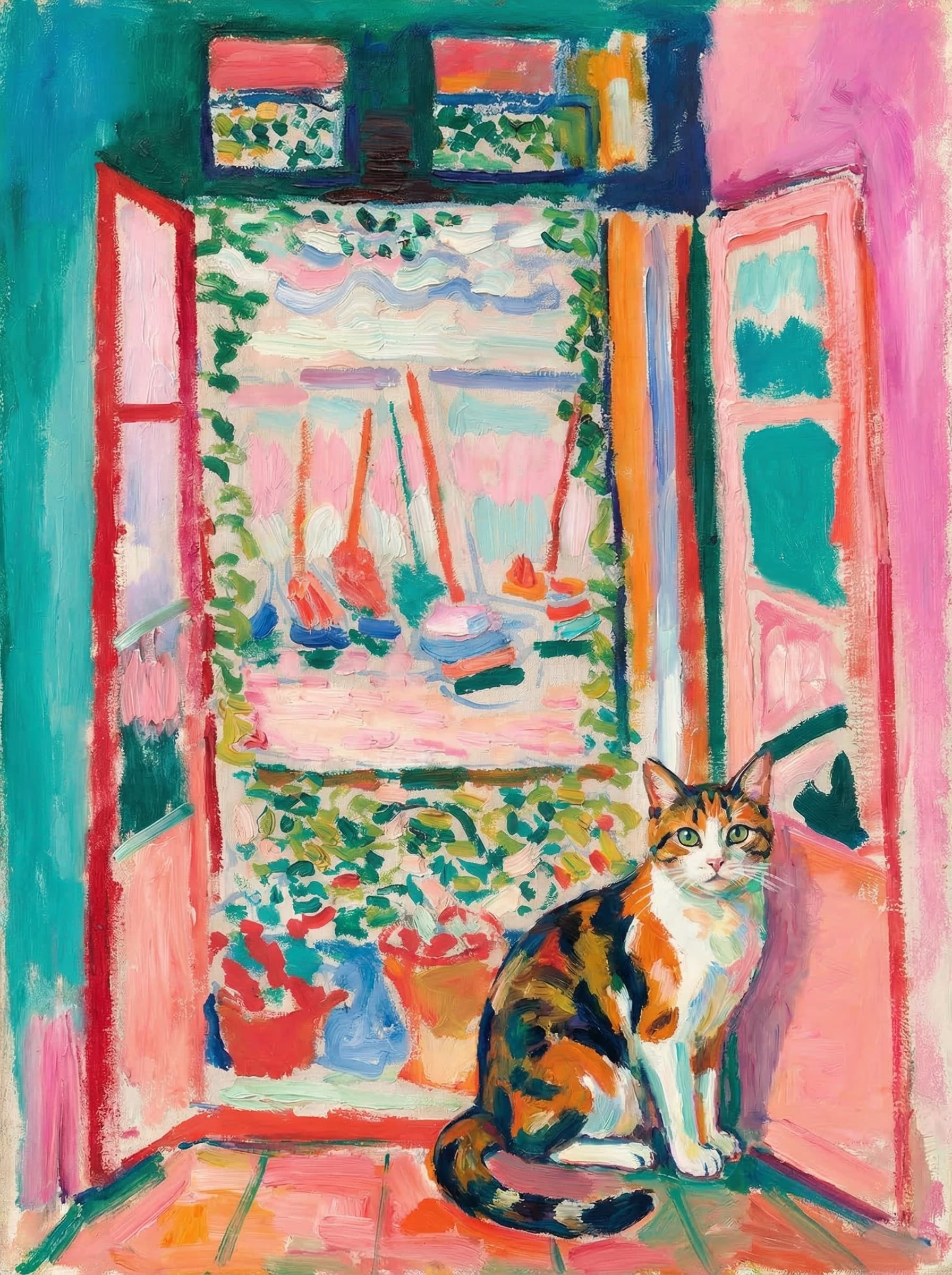 A pet sitting on the right bottom frame of an open door, with its back to the opening while facing the room, looking at the viewer, slight leaning on the right-side door panel. Paint in post-impressionism style. Use loosely painted, vibrantly colored, stylized, vertical painting.