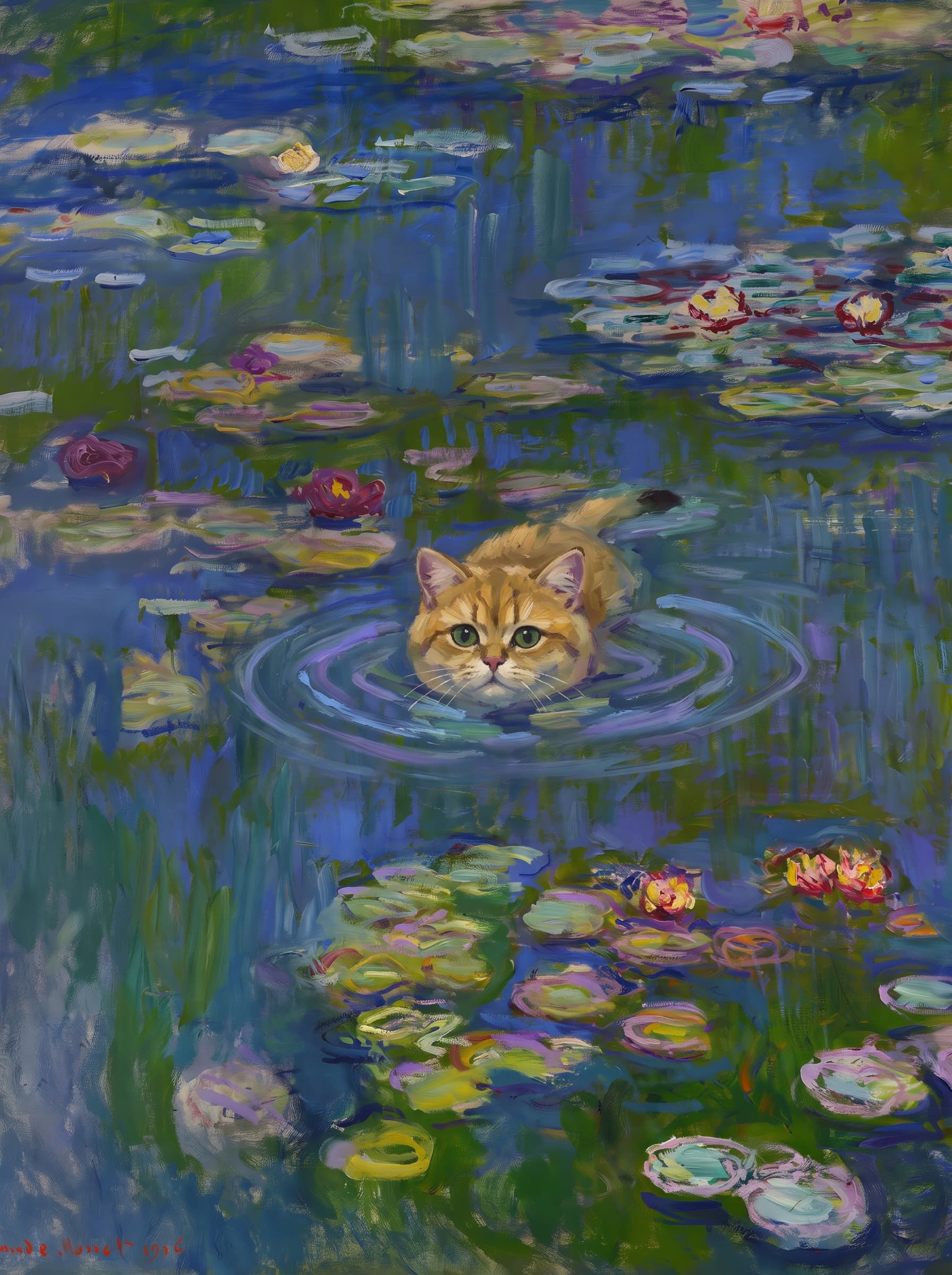 The pet should appear naturally integrated into the middle of the pond, swimming calmly through the water with only its head, upper neck, and a subtle suggestion of its back visible above the surface.
      The pet should be facing forward and looking directly at the viewer. Its wet fur should be suggested through painterly strokes.
      Blend the pet into the scene using Monet-like impressionist oil painting techniques: visible layered brushstrokes, soft broken color, blue-green reflections, violet shadows, golden-orange highlights, and shimmering ripples around the pet. 
      The water should partially obscure the pet’s body, with delicate circular ripples spreading outward. Nearby lily pads and water lilies should remain undisturbed but subtly interact with the ripples.
      The pet must feel like it was originally painted into the artwork, not pasted on top. Match the atmospheric softness, painterly texture, scale, perspective, and color harmony of the original Water Lilies painting. 
      Avoid photorealism, sharp outlines, modern digital effects, or excessive detail. The final image should look like a whimsical impressionist oil painting in the spirit of late Monet, with the pet quietly swimming among the lily pads at the center of the pond.
      Art Style: Paint in Fauvism, post-impressionism style. Use simplified shapes, exaggerates color, and flattens perspective to create charm and personality.
Use saturated, non-naturalistic colors and flattened perspective reminiscent of Henri Matisse.
The brushwork is loose, visible, and painterly, with uneven strokes that give the surface texture and movement.
Paint with large areas of flat color patches, simplified shapes, bold decorative outlines, and minimal blending.
The composition is flattened and slightly distorted, with compressed perspective.
The painting is expressive, utilizing thick, confident strokes and quick, rhythmic marks that prioritize texture and visual energy over realistic blending or depth.
