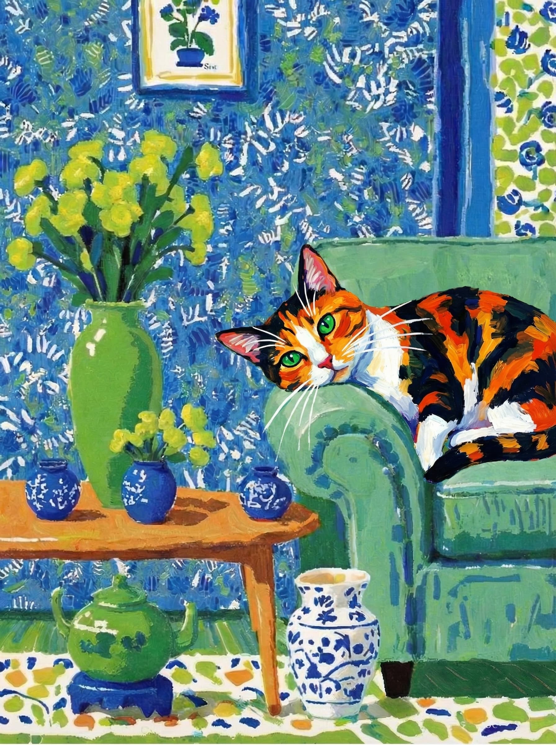 A pet lazy lying on the couch, with head tilt on the edge of couch, eye looking at the the vase. paint in post-impressionism style. Use saturated, non-naturalistic colors and flattened perspective reminiscent of Henri Matisse. painterly and expressive, utilizing thick, confident strokes and quick, rhythmic marks that prioritize texture and visual energy over realistic blending or depth.