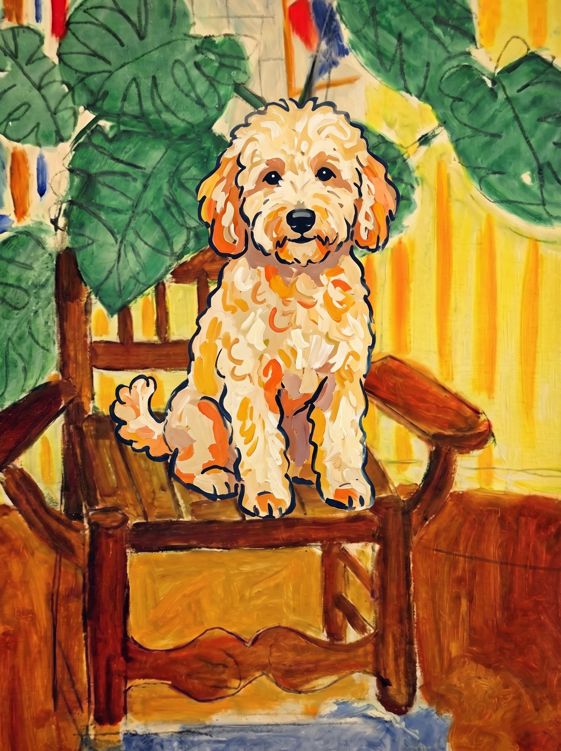 A pet sitting on a brown chair, looking at the viewer. Art Style: Paint in Fauvism, post-impressionism style. Use simplified shapes, exaggerates color, and flattens perspective to create charm and personality.
Use saturated, non-naturalistic colors and flattened perspective reminiscent of Henri Matisse.
The brushwork is loose, visible, and painterly, with uneven strokes that give the surface texture and movement.
Paint with large areas of flat color patches, simplified shapes, bold decorative outlines, and minimal blending.
The composition is flattened and slightly distorted, with compressed perspective.
The painting is expressive, utilizing thick, confident strokes and quick, rhythmic marks that prioritize texture and visual energy over realistic blending or depth.