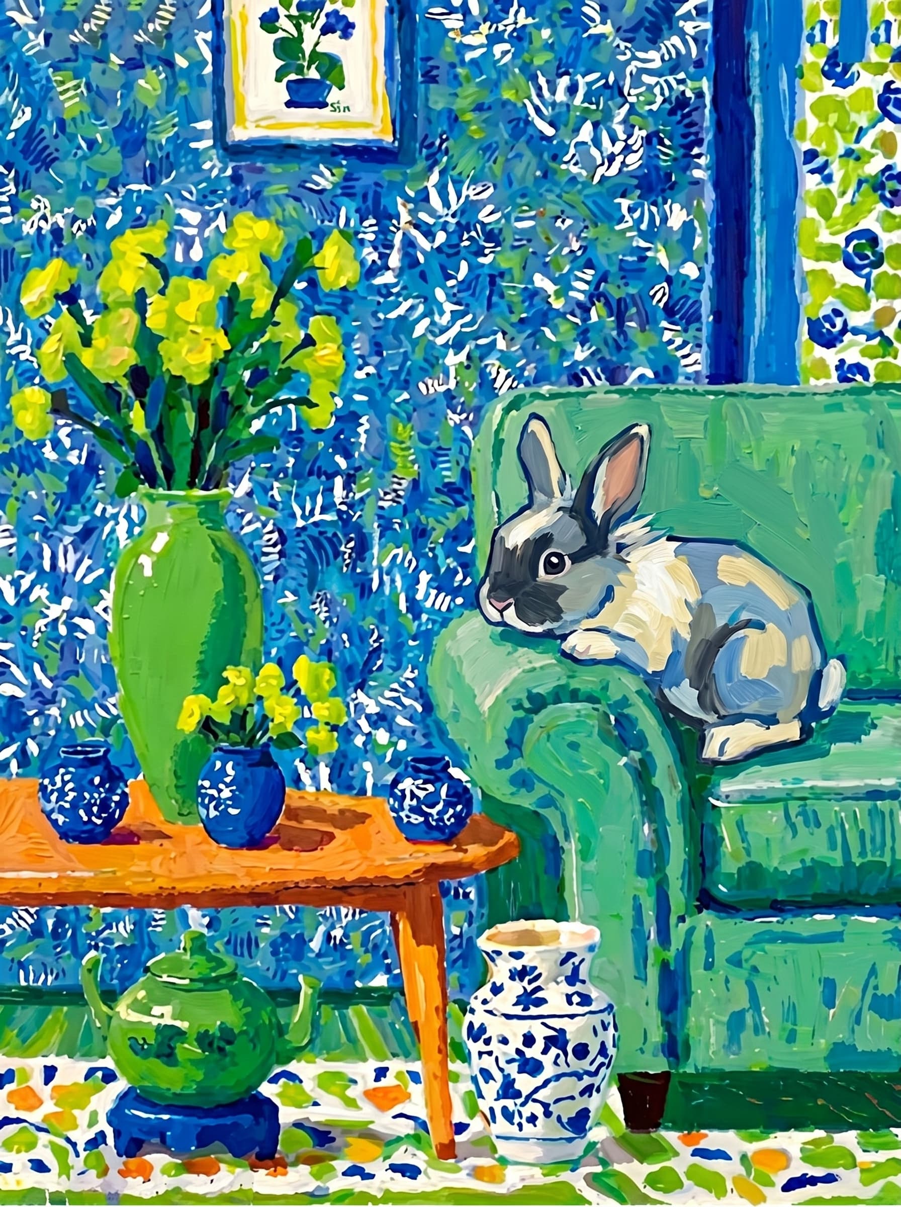 A pet lazy lying on the couch, with head tilt on the edge of couch, eye looking at the the vase. Art Style: Paint in Fauvism, post-impressionism style. Use simplified shapes, exaggerates color, and flattens perspective to create charm and personality.
Use saturated, non-naturalistic colors and flattened perspective reminiscent of Henri Matisse.
The brushwork is loose, visible, and painterly, with uneven strokes that give the surface texture and movement.
Paint with large areas of flat color patches, simplified shapes, bold decorative outlines, and minimal blending.
The composition is flattened and slightly distorted, with compressed perspective.
The painting is expressive, utilizing thick, confident strokes and quick, rhythmic marks that prioritize texture and visual energy over realistic blending or depth.
