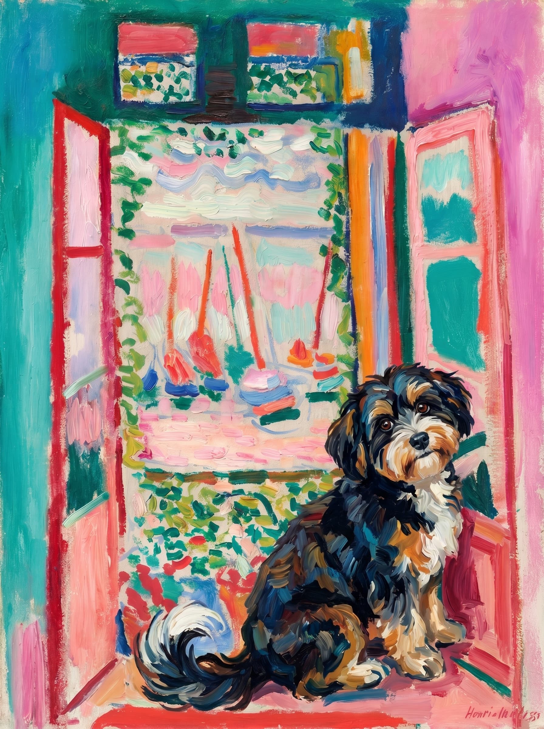 A pet sitting on the right bottom frame of an open door, with its back to the opening while facing the room, looking at the viewer, slight leaning on the right-side door panel. Paint in post-impressionism style. Use loosely painted, vibrantly colored, stylized, vertical painting.