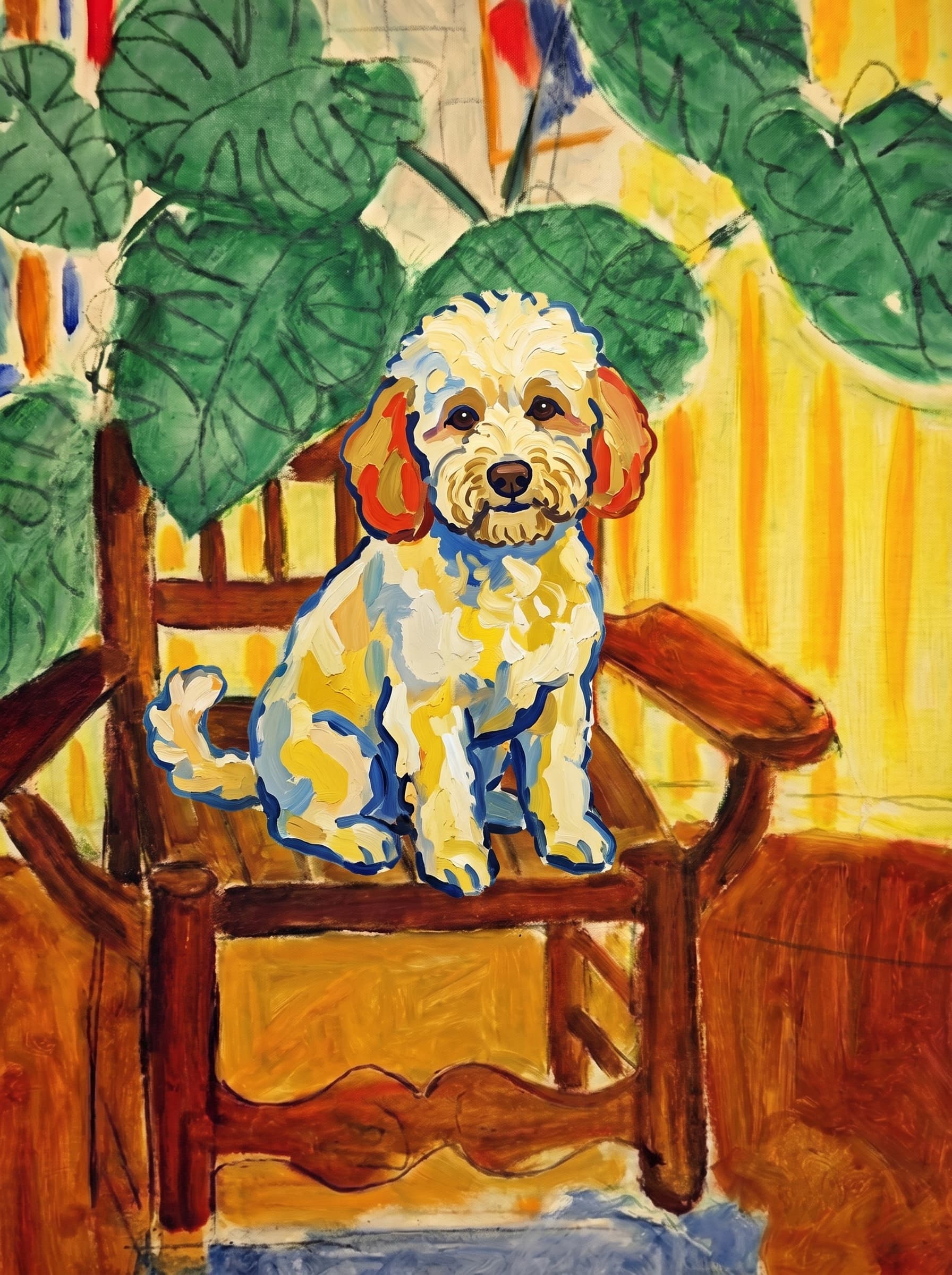 A pet sitting on a brown chair, looking at the viewer. Art Style: Paint in Fauvism, post-impressionism style. Use simplified shapes, exaggerates color, and flattens perspective to create charm and personality.
Use saturated, non-naturalistic colors and flattened perspective reminiscent of Henri Matisse.
The brushwork is loose, visible, and painterly, with uneven strokes that give the surface texture and movement.
Paint with large areas of flat color patches, simplified shapes, bold decorative outlines, and minimal blending.
The composition is flattened and slightly distorted, with compressed perspective.
The painting is expressive, utilizing thick, confident strokes and quick, rhythmic marks that prioritize texture and visual energy over realistic blending or depth.