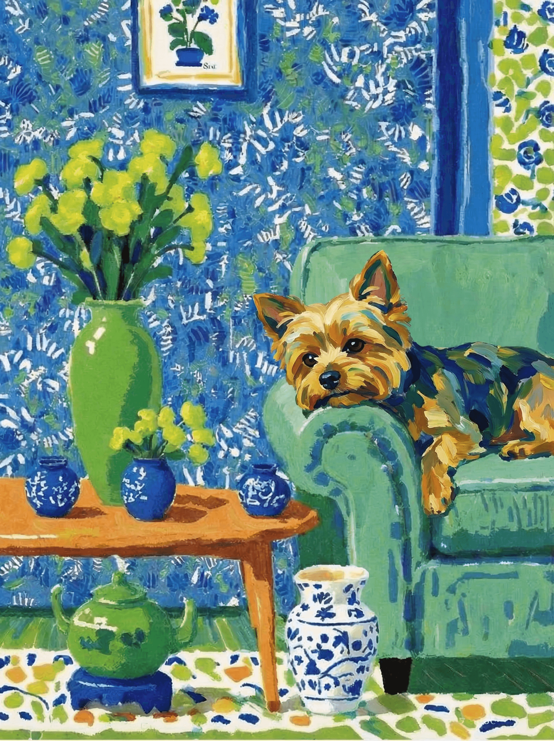 A pet lazy lying on the couch, with head tilt on the edge of couch, eye looking at the the vase. paint in post-impressionism style. Use saturated, non-naturalistic colors and flattened perspective reminiscent of Henri Matisse. painterly and expressive, utilizing thick, confident strokes and quick, rhythmic marks that prioritize texture and visual energy over realistic blending or depth.