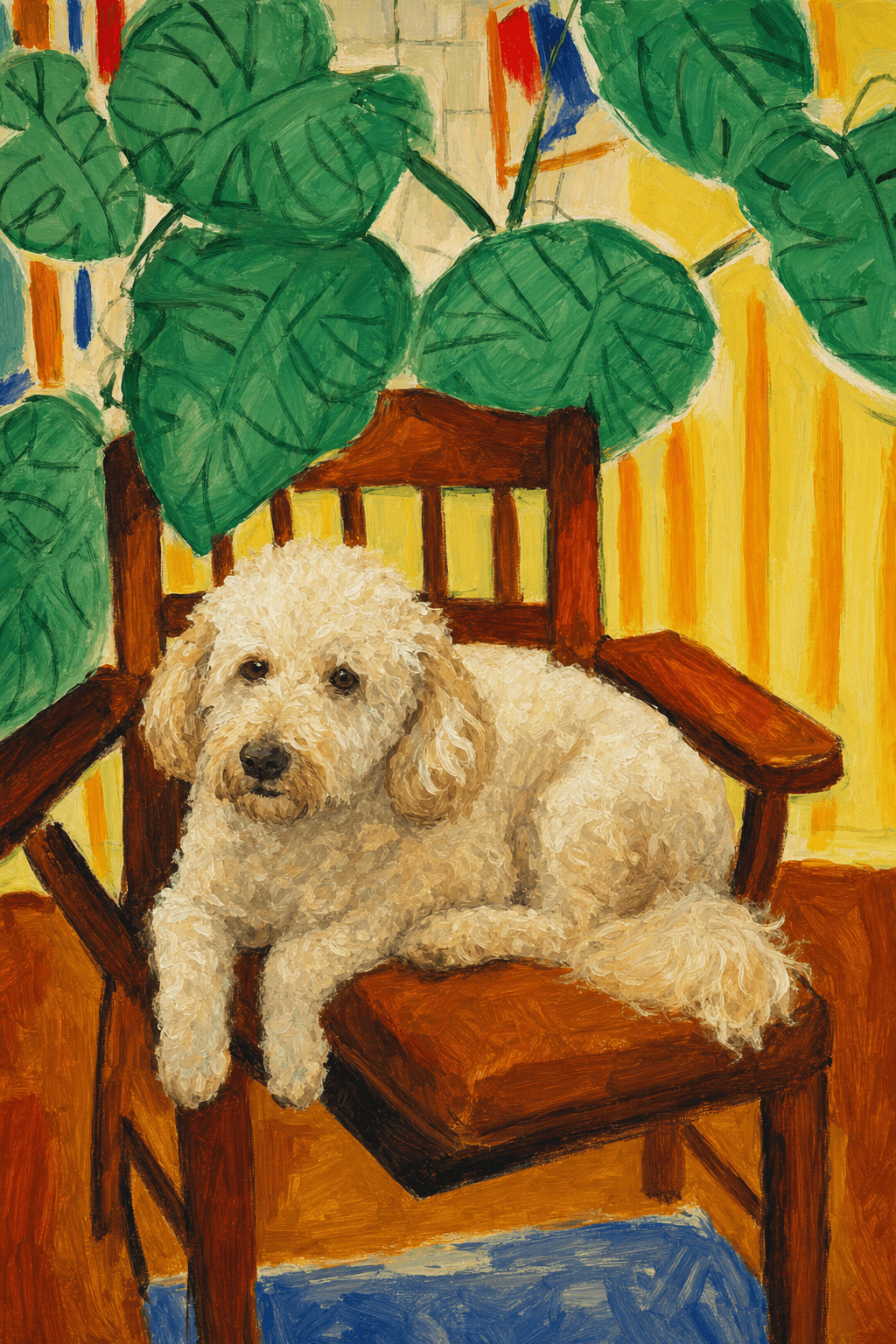 A pet sitting on a brown chair, looking at the viewer. Colors are applied with minimal blending, creating a flat, illustrative feel. The brushwork is broad, rapid, and direct. Strokes are loose, visible, applied thinly, defining the forms quickly without building up significant physical texture or impasto on the surface.