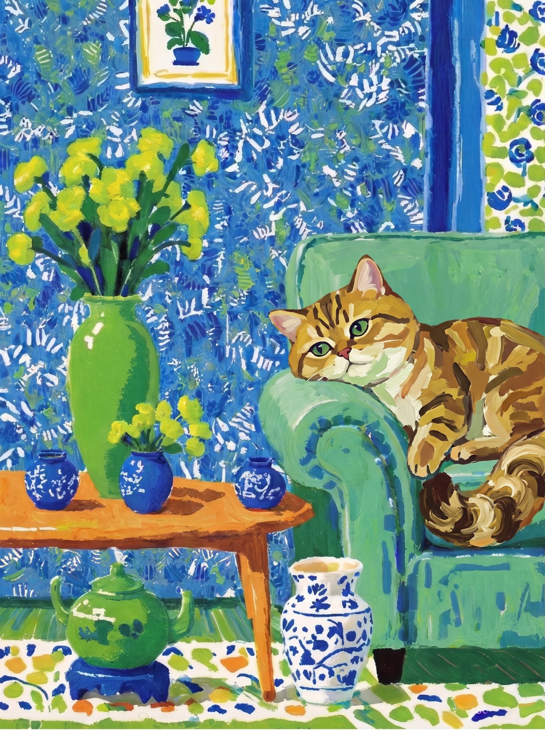 A pet lazy lying on the couch, with head tilt on the edge of couch, eye looking at the the vase. Art Style: Paint in Fauvism, post-impressionism style. Use simplified shapes, exaggerates color, and flattens perspective to create charm and personality.
Use saturated, non-naturalistic colors and flattened perspective reminiscent of Henri Matisse.
The brushwork is loose, visible, and painterly, with uneven strokes that give the surface texture and movement.
Paint with large areas of flat color patches, simplified shapes, bold decorative outlines, and minimal blending.
The composition is flattened and slightly distorted, with compressed perspective.
The painting is expressive, utilizing thick, confident strokes and quick, rhythmic marks that prioritize texture and visual energy over realistic blending or depth.