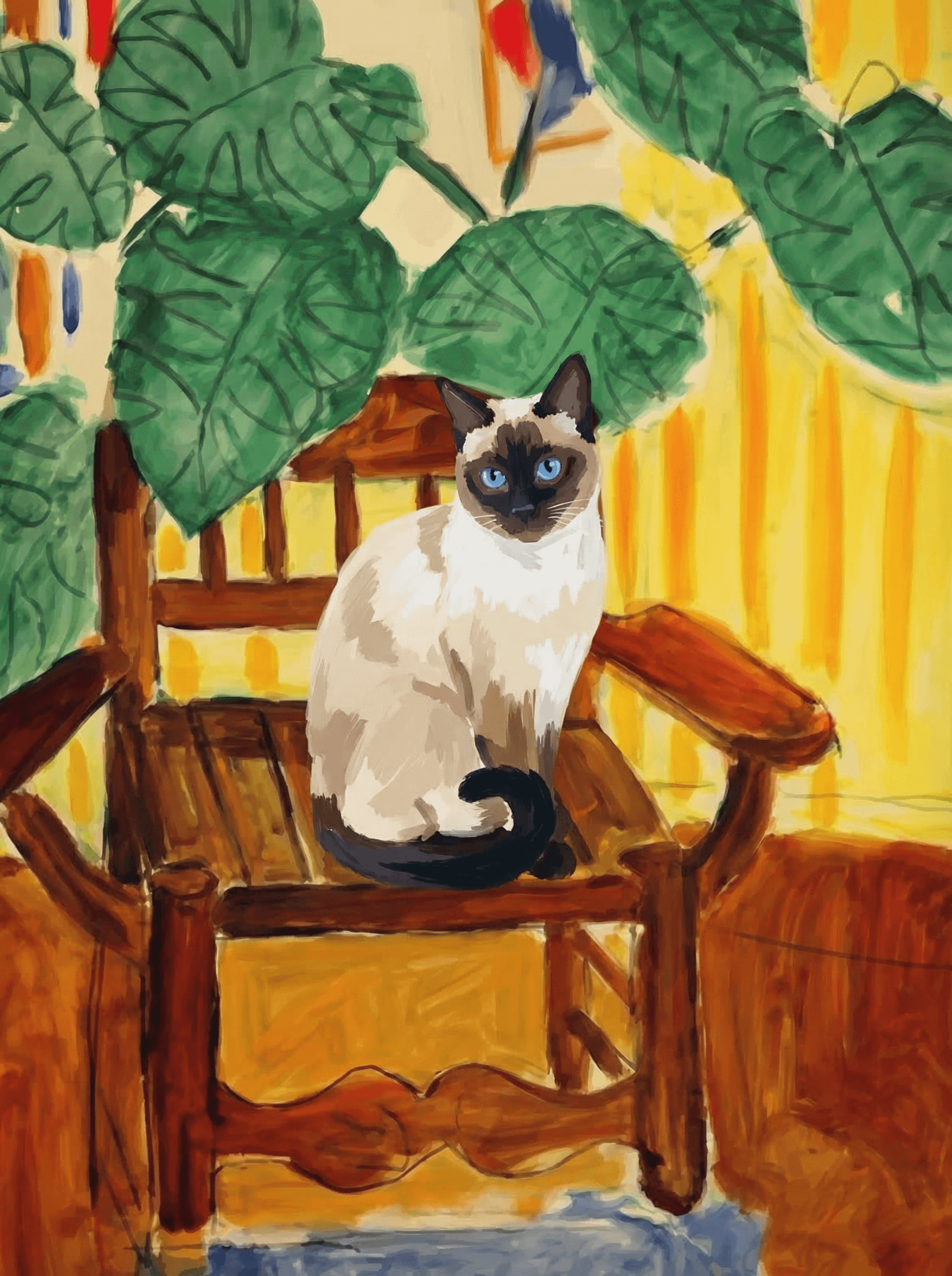 A pet sitting on a brown chair, looking at the viewer. Colors are applied with minimal blending, creating a flat, illustrative feel. The brushwork is broad, rapid, and direct. Strokes are loose, visible, applied thinly, defining the forms quickly without building up significant physical texture or impasto on the surface.