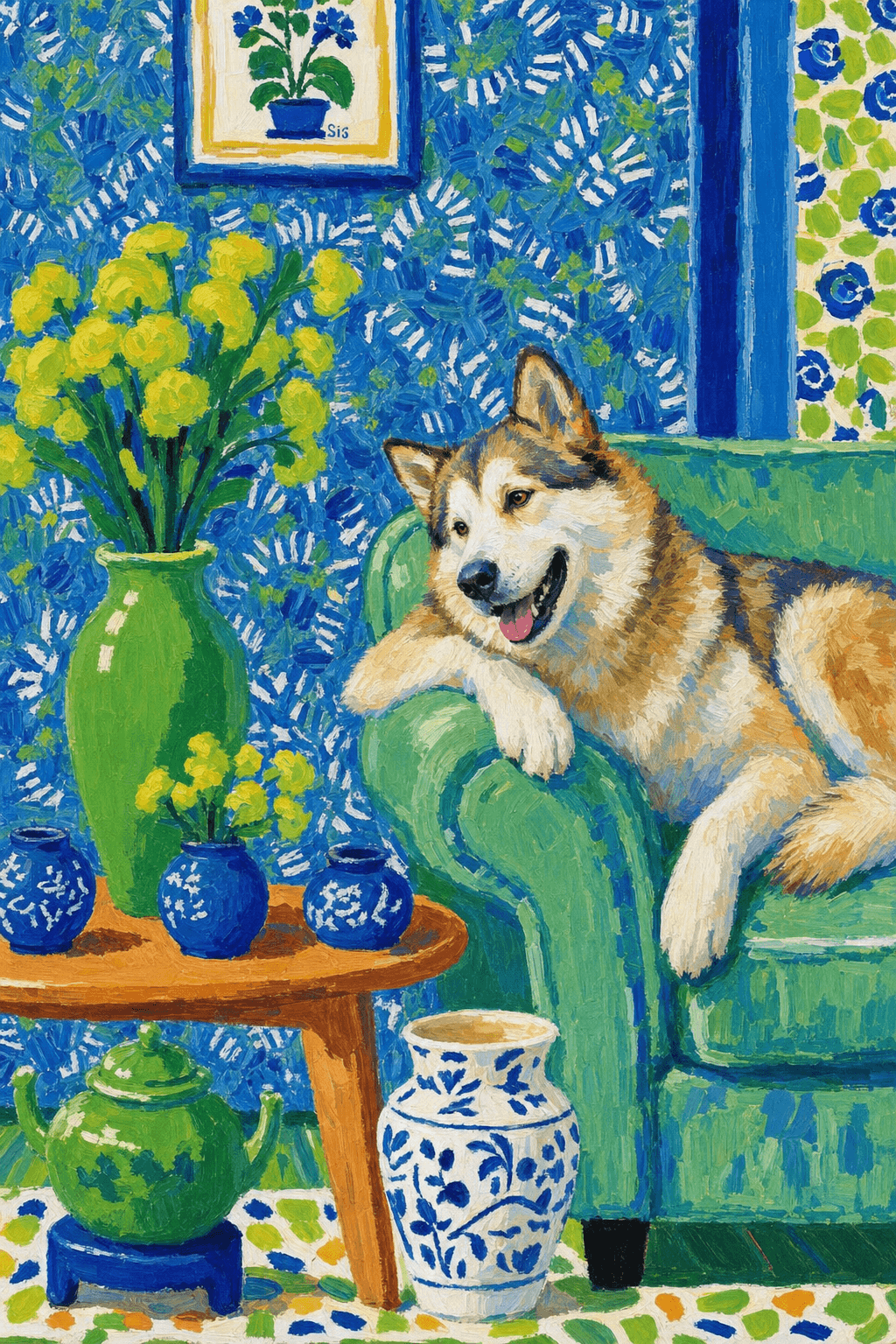 A pet lazy lying on the couch, with head tilt on the edge of couch, eye looking at the the vase. paint in post-impressionism style. Use saturated, non-naturalistic colors and flattened perspective reminiscent of Henri Matisse. painterly and expressive, utilizing thick, confident strokes and quick, rhythmic marks that prioritize texture and visual energy over realistic blending or depth.