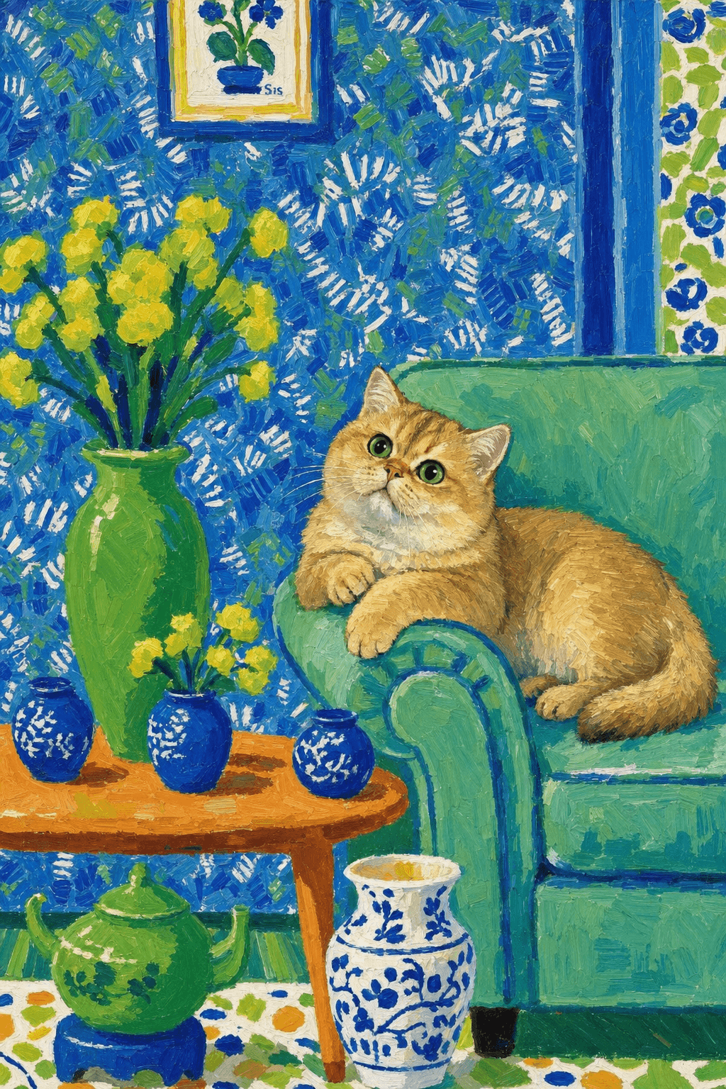 A pet lazy lying on the couch, with head tilt on the edge of couch, eye looking at the the vase. paint in post-impressionism style. Use saturated, non-naturalistic colors and flattened perspective reminiscent of Henri Matisse. painterly and expressive, utilizing thick, confident strokes and quick, rhythmic marks that prioritize texture and visual energy over realistic blending or depth.