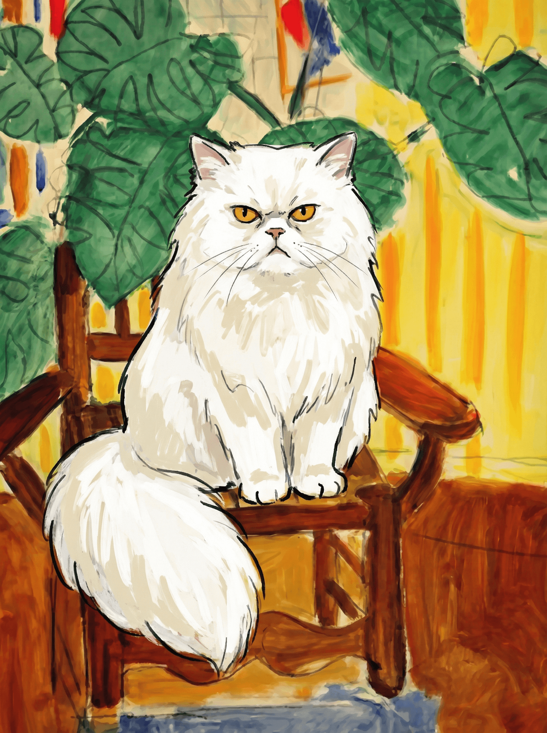A pet sitting on a brown chair, looking at the viewer. Colors are applied with minimal blending, creating a flat, illustrative feel. The brushwork is broad, rapid, and direct. Strokes are loose, visible, applied thinly, defining the forms quickly without building up significant physical texture or impasto on the surface.