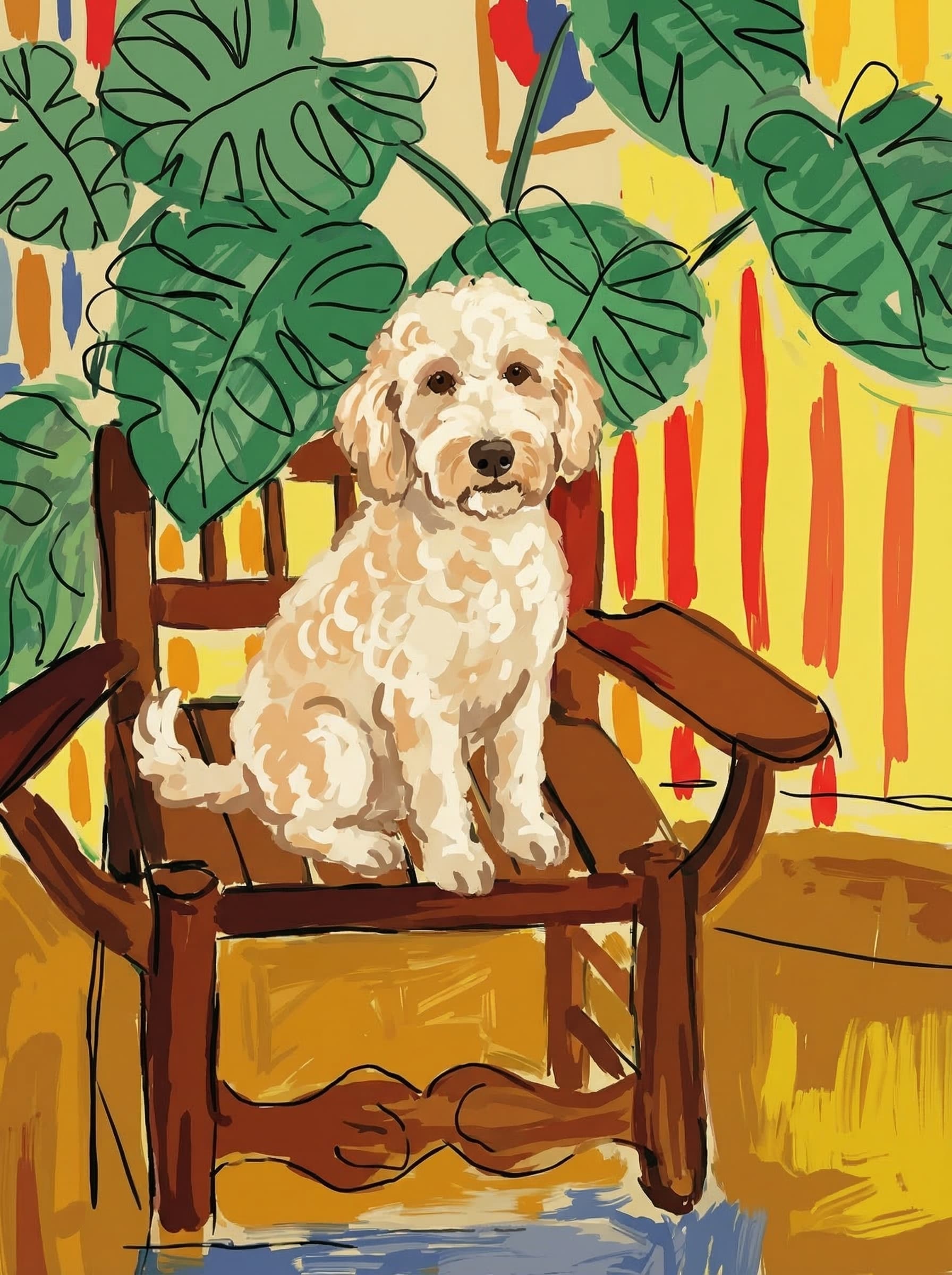A pet sitting on a brown chair, looking at the viewer. Colors are applied with minimal blending, creating a flat, illustrative feel. The brushwork is broad, rapid, and direct. Strokes are loose, visible, applied thinly, defining the forms quickly without building up significant physical texture or impasto on the surface.