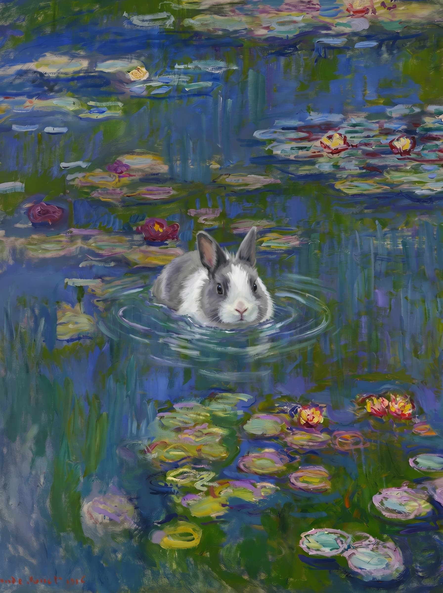 The pet should appear naturally integrated into the middle of the pond, swimming calmly through the water with only its head, upper neck, and a subtle suggestion of its back visible above the surface.
The pet should be facing forward and looking directly at the viewer. Its wet fur should be suggested through painterly strokes.
Blend the pet into the scene using Monet-like impressionist oil painting techniques: visible layered brushstrokes, soft broken color, blue-green reflections, violet shadows, golden-orange highlights, and shimmering ripples around the pet.
The water should partially obscure the pet’s body, with delicate circular ripples spreading outward. Nearby lily pads and water lilies should remain undisturbed but subtly interact with the ripples.
The pet must feel like it was originally painted into the artwork, not pasted on top. Match the atmospheric softness, painterly texture, scale, perspective, and color harmony of the original Water Lilies painting.
Avoid photorealism, sharp outlines, modern digital effects, or excessive detail. The final image should look like a whimsical impressionist oil painting in the spirit of late Monet, with the pet quietly swimming among the lily pads at the center of the pond.
Art Style: Paint in Fauvism, post-impressionism style. Use simplified shapes, exaggerates color, and flattens perspective to create charm and personality.
Use saturated, non-naturalistic colors and flattened perspective reminiscent of Henri Matisse.
The brushwork is loose, visible, and painterly, with uneven strokes that give the surface texture and movement.
Paint with large areas of flat color patches, simplified shapes, bold decorative outlines, and minimal blending.
The composition is flattened and slightly distorted, with compressed perspective.
The painting is expressive, utilizing thick, confident strokes and quick, rhythmic marks that prioritize texture and visual energy over realistic blending or depth.