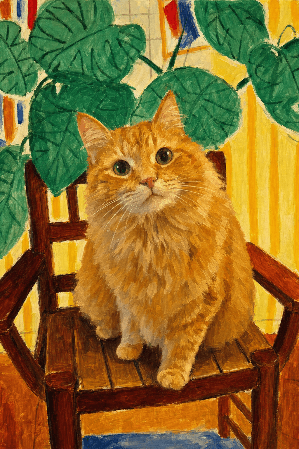 A pet sitting on a brown chair, looking at the viewer. Colors are applied with minimal blending, creating a flat, illustrative feel. The brushwork is broad, rapid, and direct. Strokes are loose, visible, applied thinly, defining the forms quickly without building up significant physical texture or impasto on the surface.