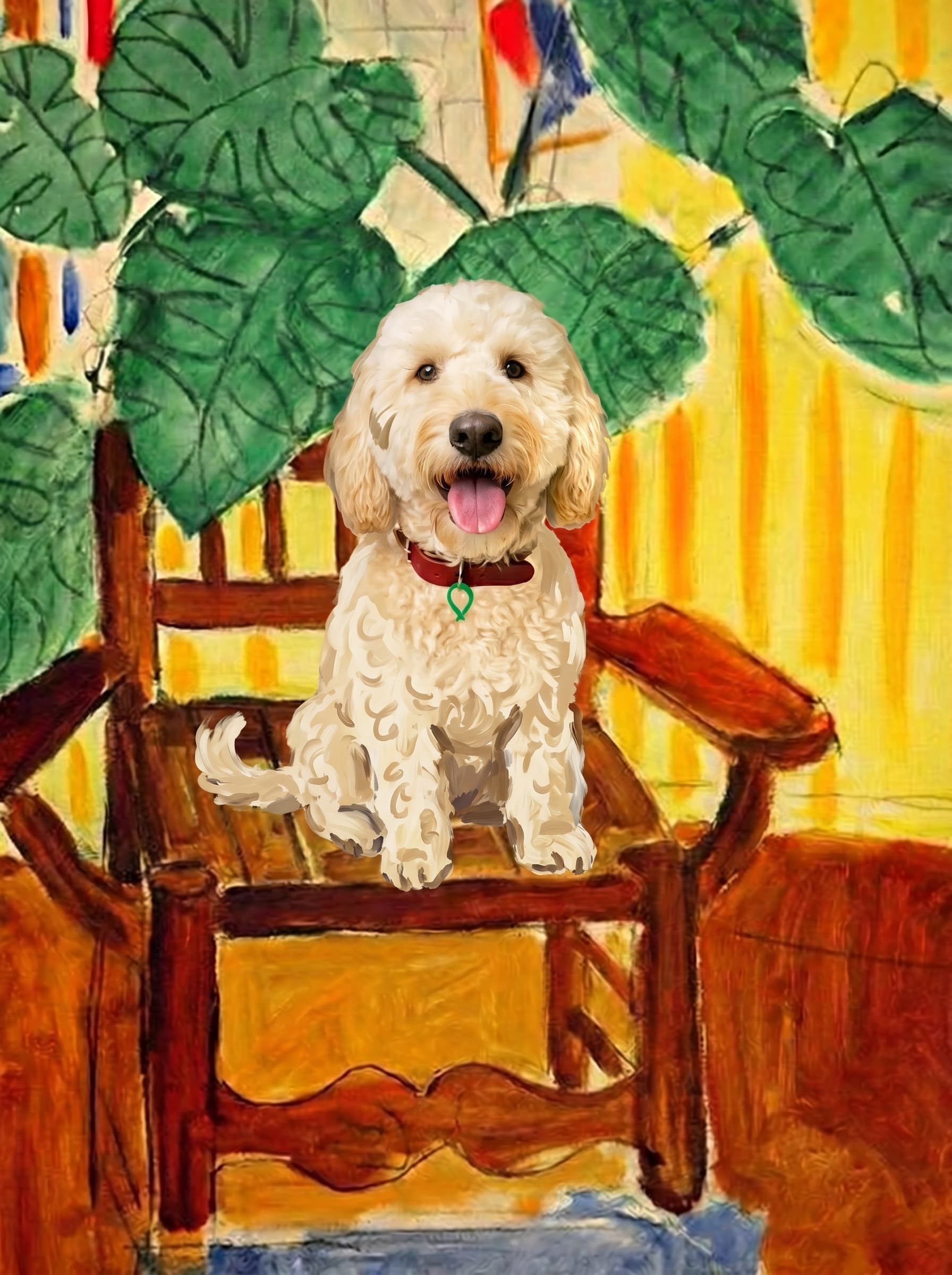 A pet sitting on a brown chair, looking at the viewer. Colors are applied with minimal blending, creating a flat, illustrative feel. The brushwork is broad, rapid, and direct. Strokes are loose, visible, applied thinly, defining the forms quickly without building up significant physical texture or impasto on the surface.
