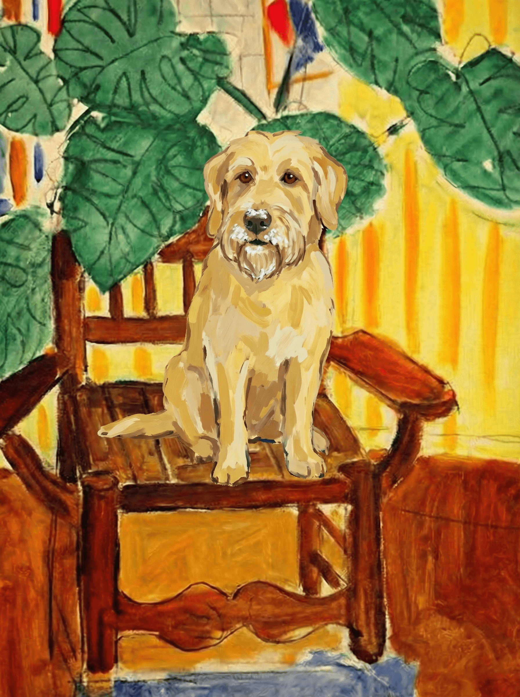 A pet sitting on a brown chair, looking at the viewer. Colors are applied with minimal blending, creating a flat, illustrative feel. The brushwork is broad, rapid, and direct. Strokes are loose, visible, applied thinly, defining the forms quickly without building up significant physical texture or impasto on the surface.