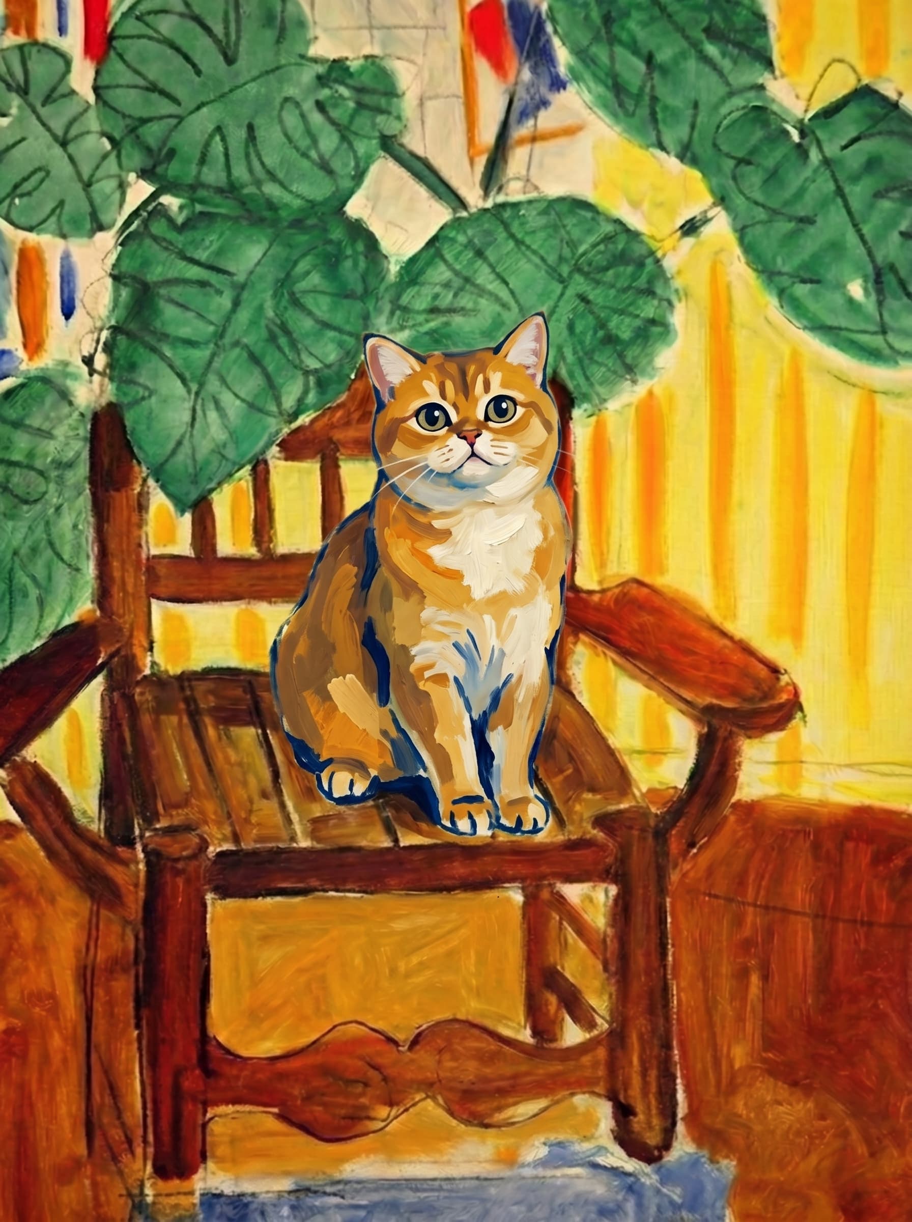 A pet sitting on a brown chair, looking at the viewer. Art Style: Paint in Fauvism, post-impressionism style. Use simplified shapes, exaggerates color, and flattens perspective to create charm and personality.
Use saturated, non-naturalistic colors and flattened perspective reminiscent of Henri Matisse.
The brushwork is loose, visible, and painterly, with uneven strokes that give the surface texture and movement.
Paint with large areas of flat color patches, simplified shapes, bold decorative outlines, and minimal blending.
The composition is flattened and slightly distorted, with compressed perspective.
The painting is expressive, utilizing thick, confident strokes and quick, rhythmic marks that prioritize texture and visual energy over realistic blending or depth.