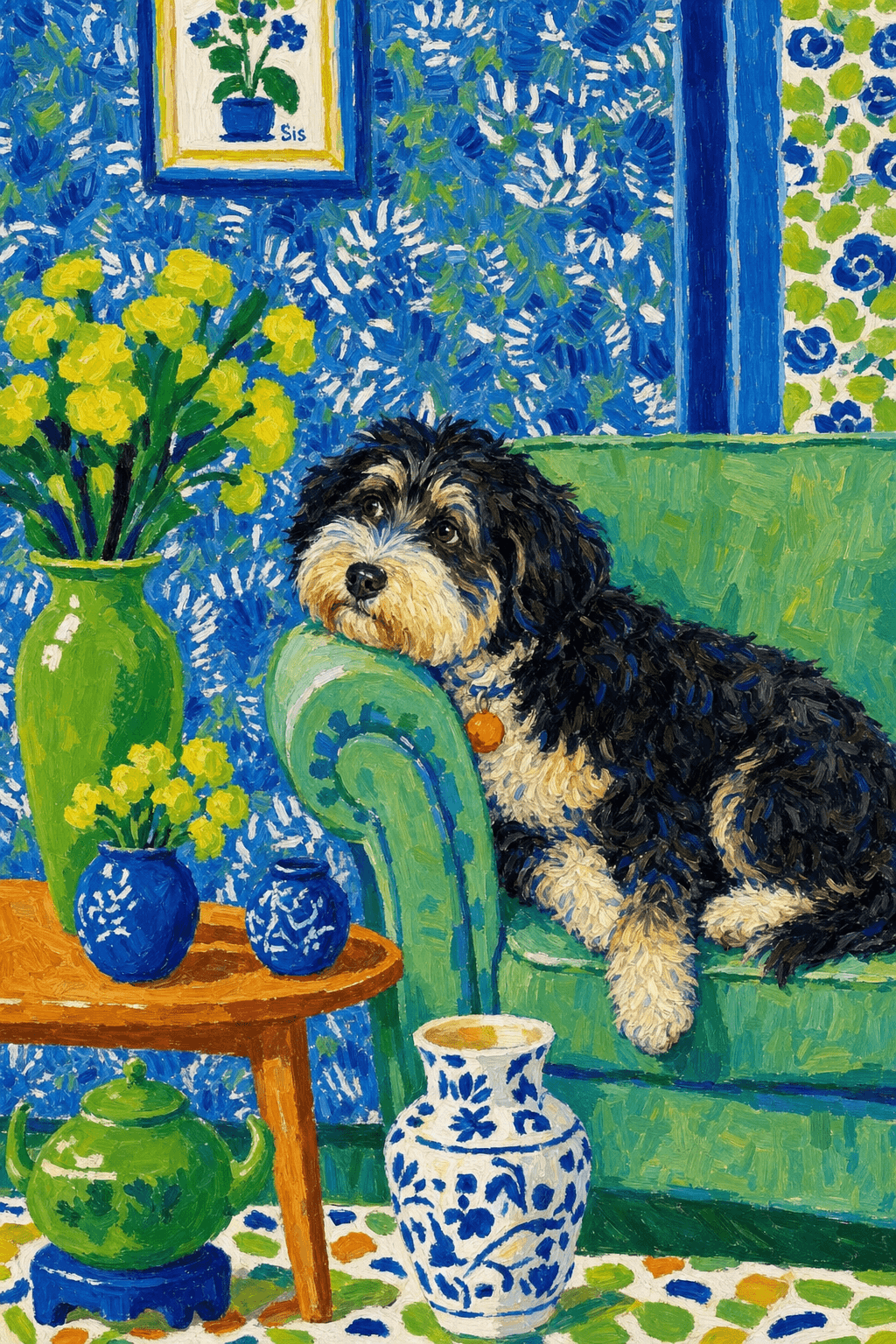 A pet lazy lying on the couch, with head tilt on the edge of couch, eye looking at the the vase. paint in post-impressionism style. Use saturated, non-naturalistic colors and flattened perspective reminiscent of Henri Matisse. painterly and expressive, utilizing thick, confident strokes and quick, rhythmic marks that prioritize texture and visual energy over realistic blending or depth.
