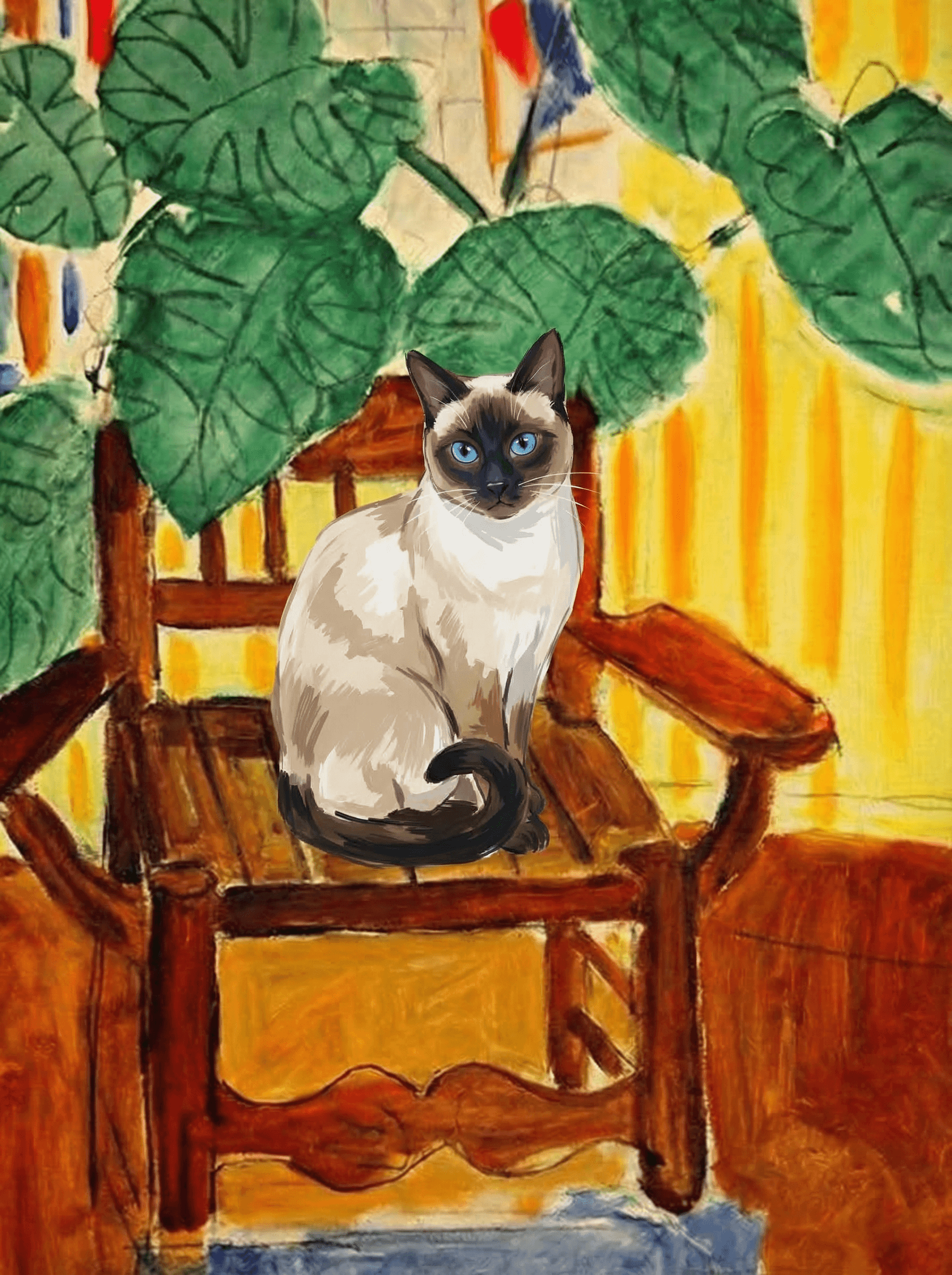 A pet sitting on a brown chair, looking at the viewer. Colors are applied with minimal blending, creating a flat, illustrative feel. The brushwork is broad, rapid, and direct. Strokes are loose, visible, applied thinly, defining the forms quickly without building up significant physical texture or impasto on the surface.