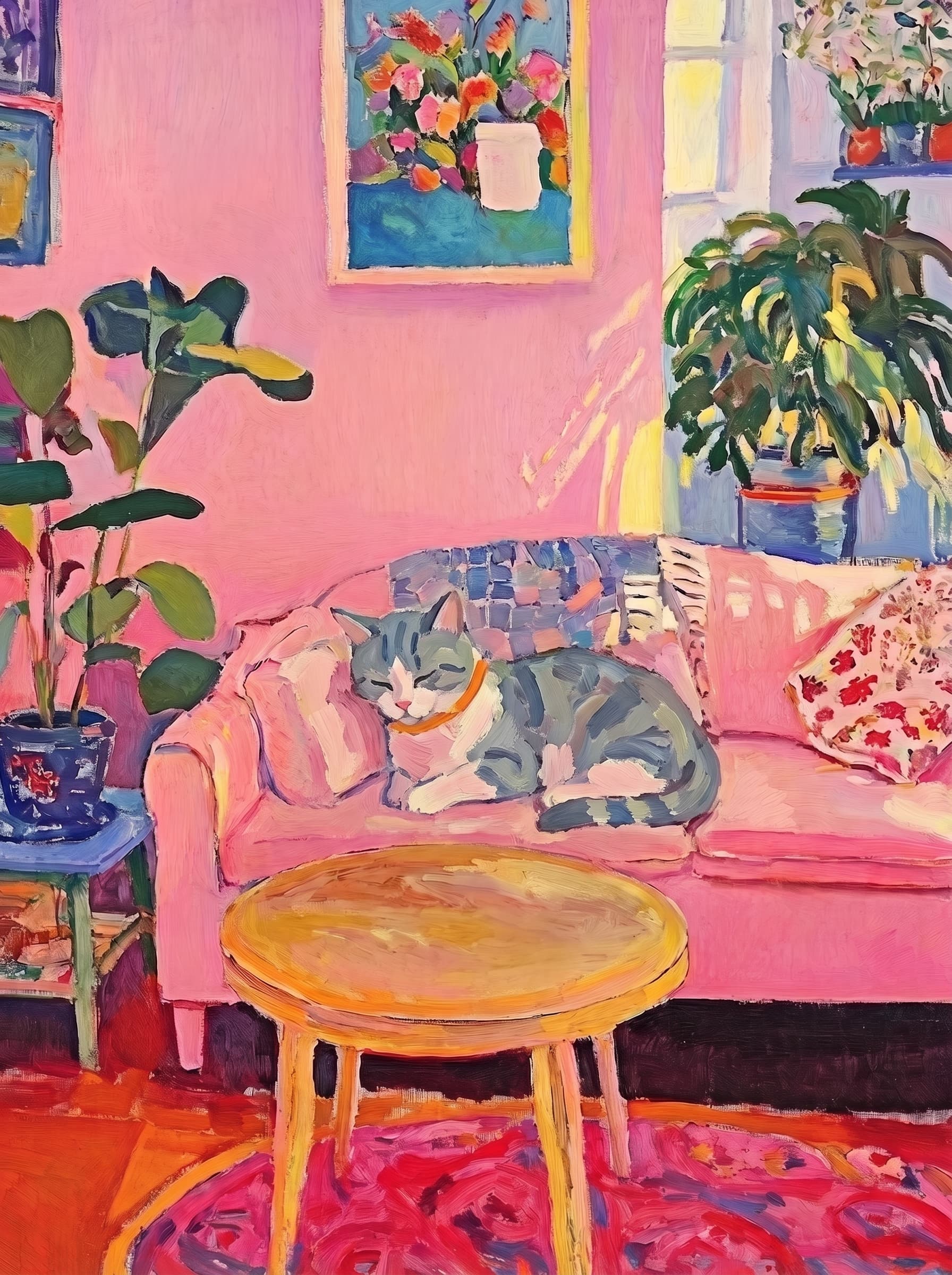 The painting shows a cozy, colorful interior with a warm pink wall and a large pink sofa in the foreground.
      The pet is resting lazily on a bright pink velvet sofa. The pet’s looked completely relaxed and content.
      The overall mood is cheerful and intimate, with bold outlines, visible brushstrokes, and slightly simplified forms.
      Art Style: Paint in Fauvism, post-impressionism style. Use simplified shapes, exaggerates color, and flattens perspective to create charm and personality.
Use saturated, non-naturalistic colors and flattened perspective reminiscent of Henri Matisse.
The brushwork is loose, visible, and painterly, with uneven strokes that give the surface texture and movement.
Paint with large areas of flat color patches, simplified shapes, bold decorative outlines, and minimal blending.
The composition is flattened and slightly distorted, with compressed perspective.
The painting is expressive, utilizing thick, confident strokes and quick, rhythmic marks that prioritize texture and visual energy over realistic blending or depth.
