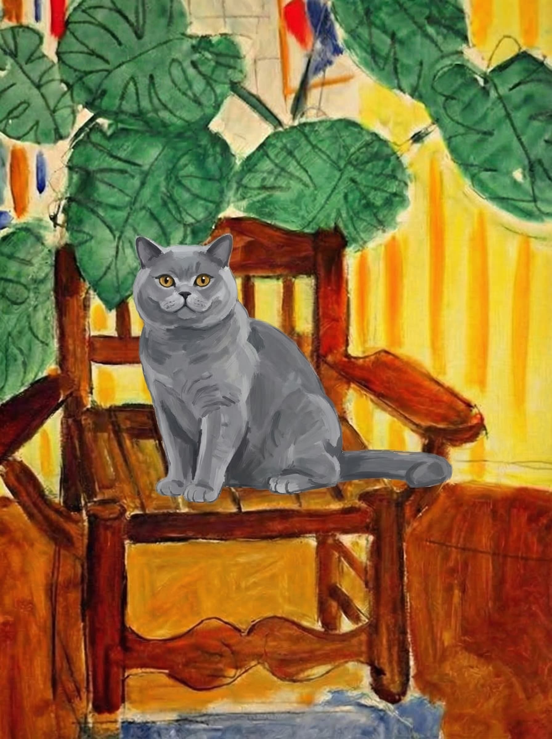 A pet sitting on a brown chair, looking at the viewer. Colors are applied with minimal blending, creating a flat, illustrative feel. The brushwork is broad, rapid, and direct. Strokes are loose, visible, applied thinly, defining the forms quickly without building up significant physical texture or impasto on the surface.