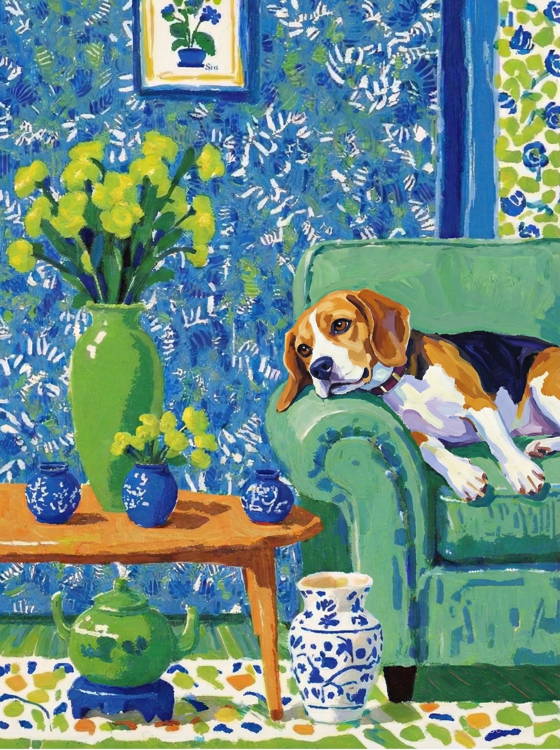 A pet lazy lying on the couch, with head tilt on the edge of couch, eye looking at the the vase. paint in post-impressionism style. Use saturated, non-naturalistic colors and flattened perspective reminiscent of Henri Matisse. painterly and expressive, utilizing thick, confident strokes and quick, rhythmic marks that prioritize texture and visual energy over realistic blending or depth.