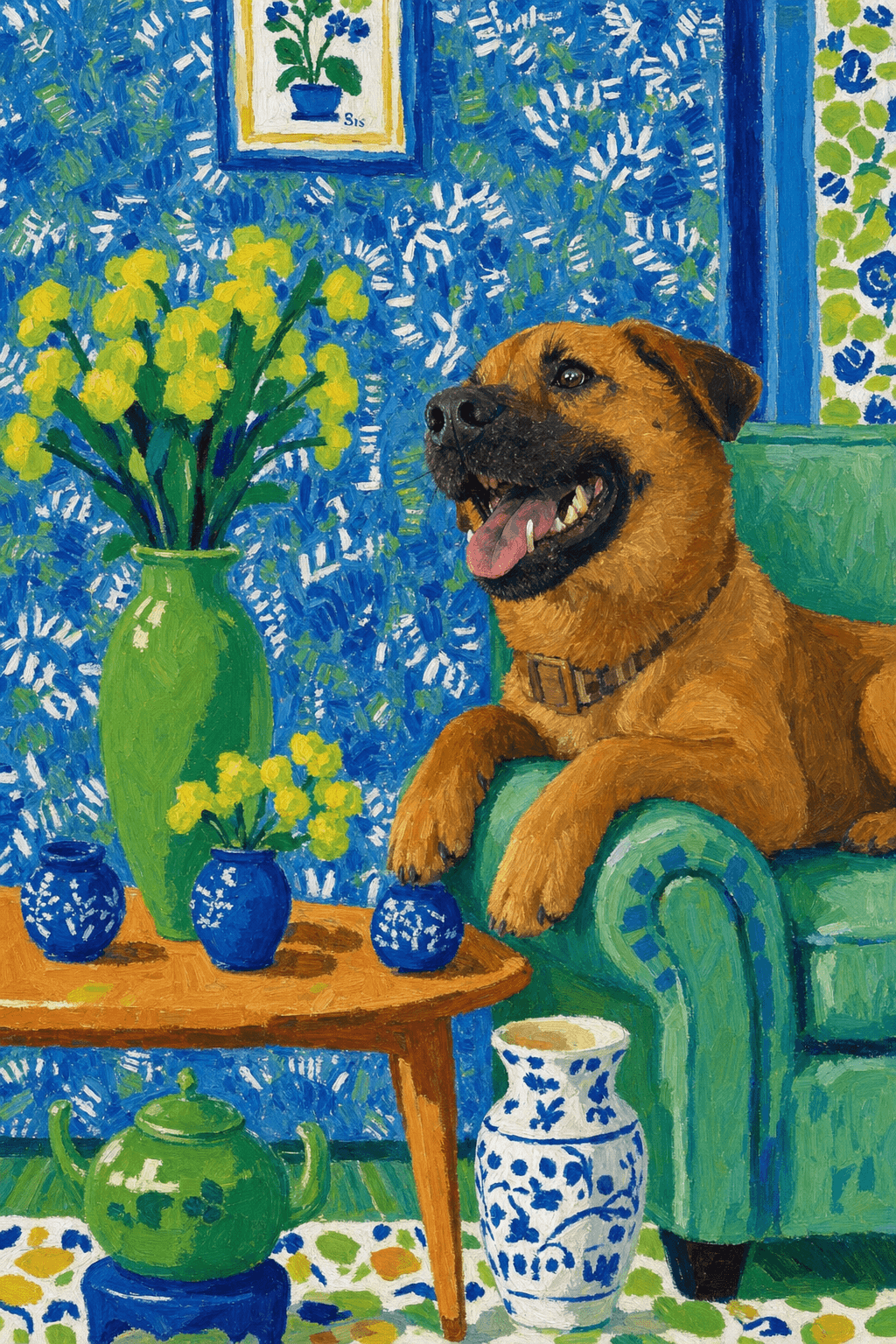 A pet lazy lying on the couch, with head tilt on the edge of couch, eye looking at the the vase. paint in post-impressionism style. Use saturated, non-naturalistic colors and flattened perspective reminiscent of Henri Matisse. painterly and expressive, utilizing thick, confident strokes and quick, rhythmic marks that prioritize texture and visual energy over realistic blending or depth.
