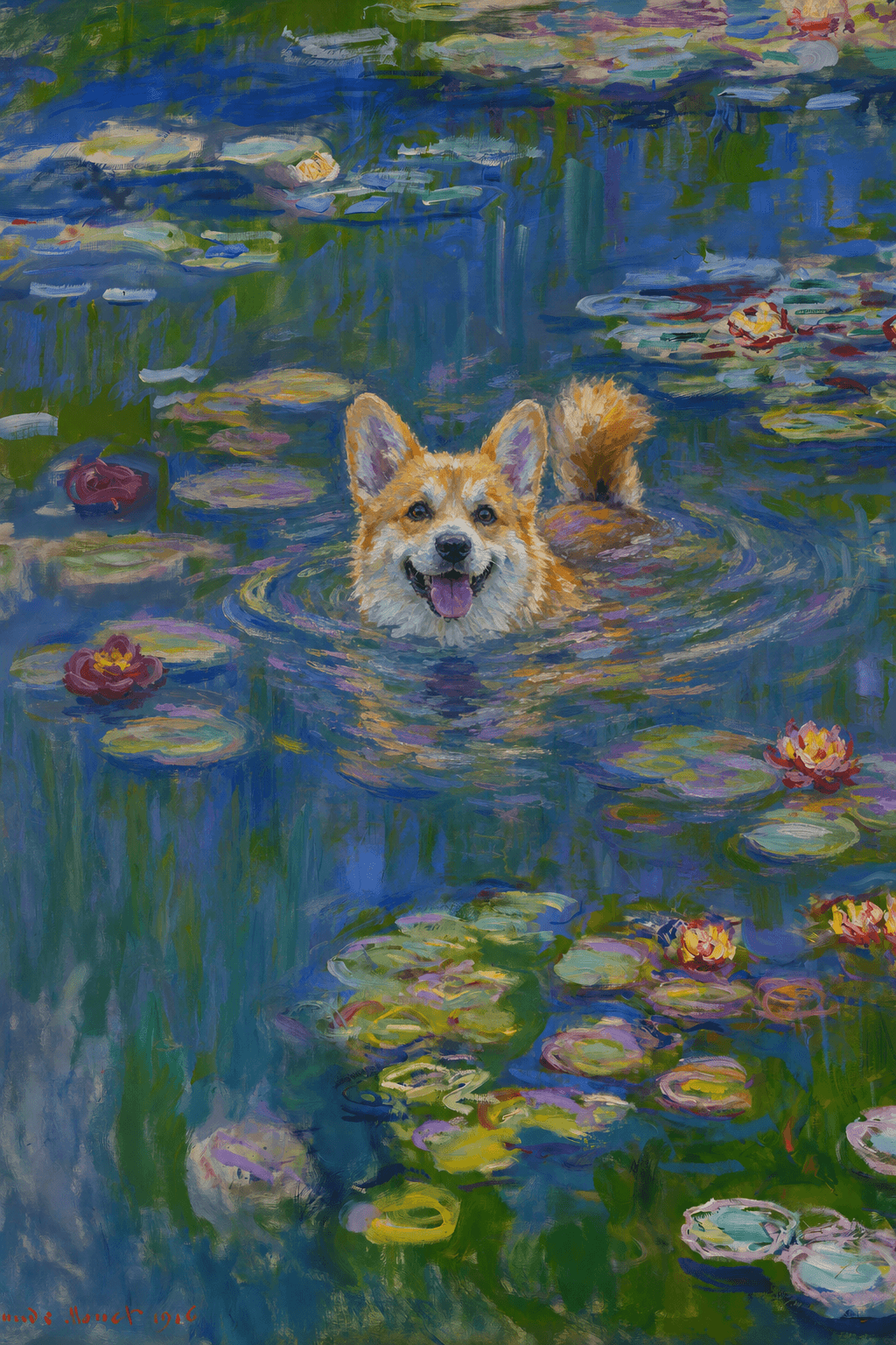 The pet should appear naturally integrated into the middle of the pond, swimming calmly through the water with only its head, upper neck, and a subtle suggestion of its back visible above the surface.
      The pet should be facing forward and looking directly at the viewer. Its wet fur should be suggested through painterly strokes.
      Blend the pet into the scene using Monet-like impressionist oil painting techniques: visible layered brushstrokes, soft broken color, blue-green reflections, violet shadows, golden-orange highlights, and shimmering ripples around the pet. 
      The water should partially obscure the pet’s body, with delicate circular ripples spreading outward. Nearby lily pads and water lilies should remain undisturbed but subtly interact with the ripples.
      The pet must feel like it was originally painted into the artwork, not pasted on top. Match the atmospheric softness, painterly texture, scale, perspective, and color harmony of the original Water Lilies painting. 
      Avoid photorealism, sharp outlines, modern digital effects, or excessive detail. The final image should look like a whimsical impressionist oil painting in the spirit of late Monet, with the pet quietly swimming among the lily pads at the center of the pond.
      Art Style: Paint in Fauvism, post-impressionism style. Use simplified shapes, exaggerates color, and flattens perspective to create charm and personality.
Use saturated, non-naturalistic colors and flattened perspective reminiscent of Henri Matisse.
The brushwork is loose, visible, and painterly, with uneven strokes that give the surface texture and movement.
Paint with large areas of flat color patches, simplified shapes, bold decorative outlines, and minimal blending.
The composition is flattened and slightly distorted, with compressed perspective.
The painting is expressive, utilizing thick, confident strokes and quick, rhythmic marks that prioritize texture and visual energy over realistic blending or depth.