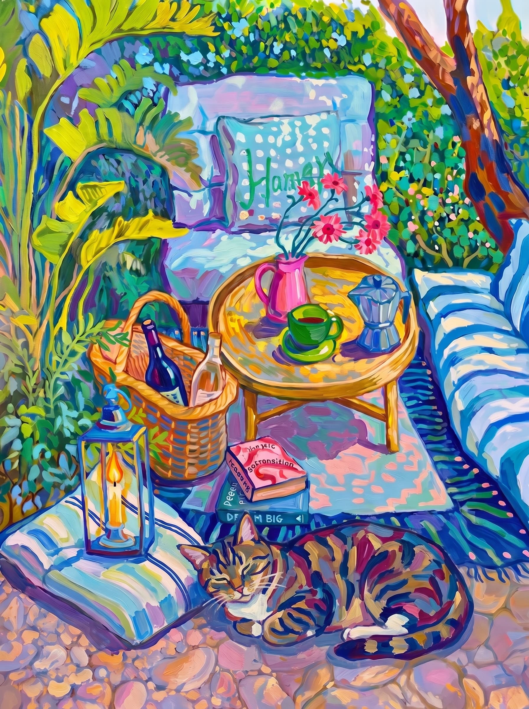 a cozy garden patio filled with lush tropical greenery, blue-and-white striped cushions, a round rattan table, picnic basket, lantern, books, flowers.
      The pet is lazily resting in the foreground, almost fall asleep with a relaxed and content expression.
      The composition feels intimate and inviting, with foliage and a tree trunk framing the scene, the circular table anchoring the center, and expressive brushwork plus dappled light creating a lively, relaxed outdoor atmosphere.
      Art Style: Paint in Fauvism, post-impressionism style. Use simplified shapes, exaggerates color, and flattens perspective to create charm and personality.
Use saturated, non-naturalistic colors and flattened perspective reminiscent of Henri Matisse.
The brushwork is loose, visible, and painterly, with uneven strokes that give the surface texture and movement.
Paint with large areas of flat color patches, simplified shapes, bold decorative outlines, and minimal blending.
The composition is flattened and slightly distorted, with compressed perspective.
The painting is expressive, utilizing thick, confident strokes and quick, rhythmic marks that prioritize texture and visual energy over realistic blending or depth.