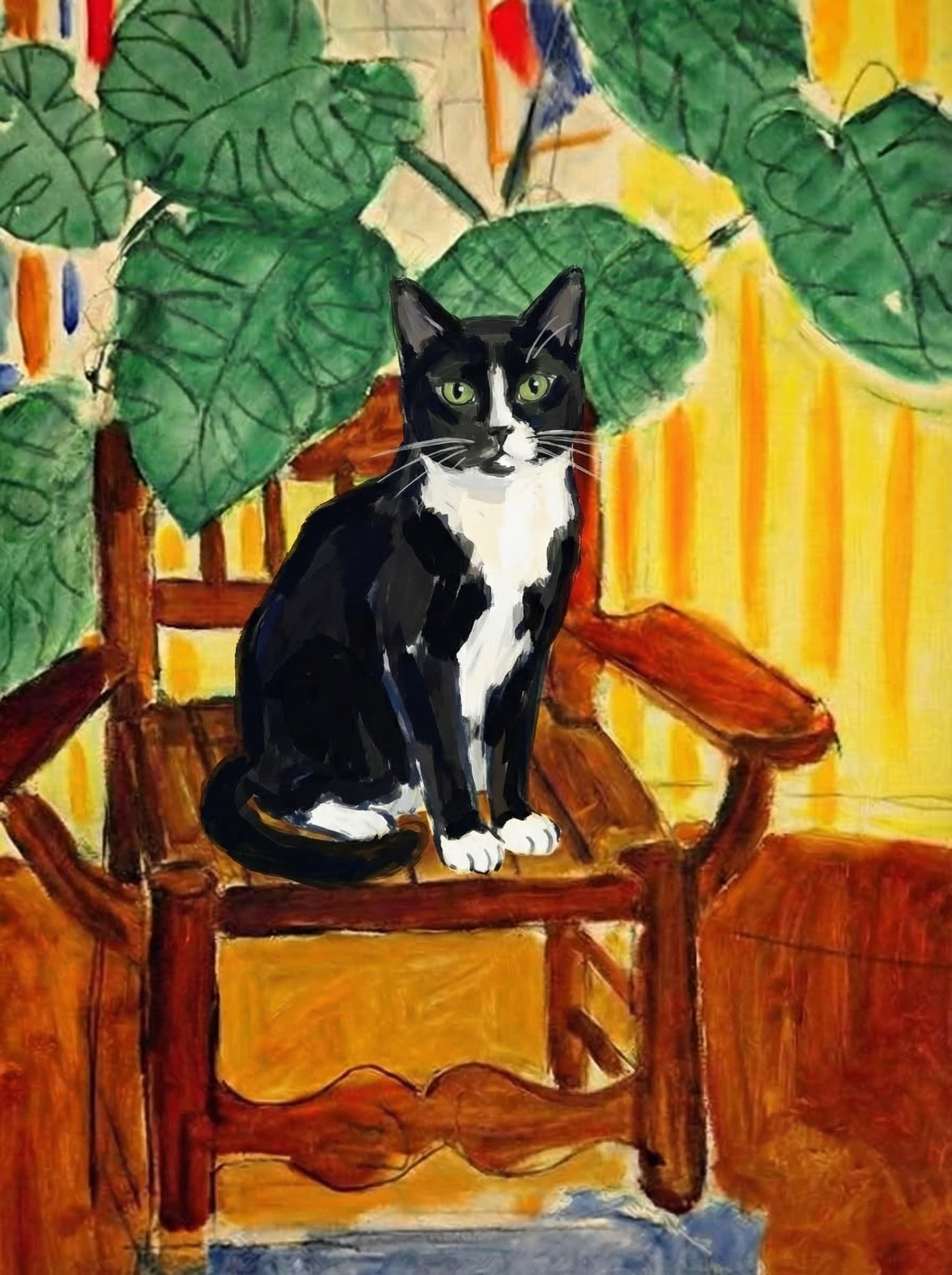 A pet sitting on a brown chair, looking at the viewer. Colors are applied with minimal blending, creating a flat, illustrative feel. The brushwork is broad, rapid, and direct. Strokes are loose, visible, applied thinly, defining the forms quickly without building up significant physical texture or impasto on the surface.