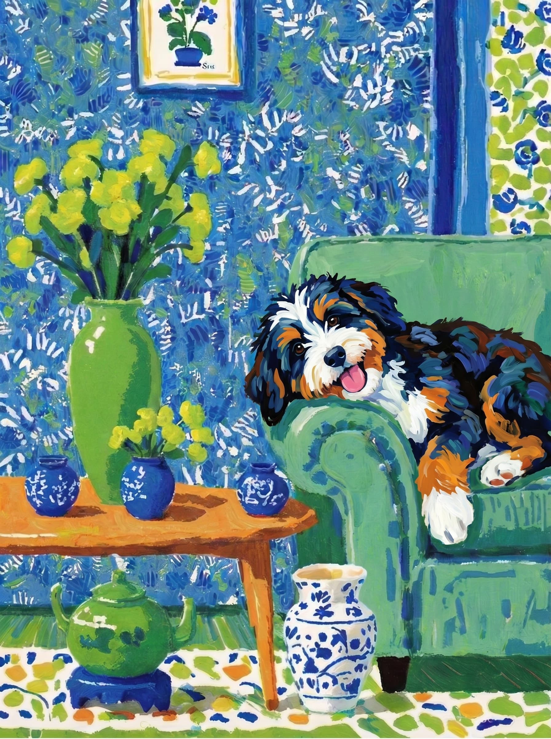 A pet lazy lying on the couch, with head tilt on the edge of couch, eye looking at the the vase. paint in post-impressionism style. Use saturated, non-naturalistic colors and flattened perspective reminiscent of Henri Matisse. painterly and expressive, utilizing thick, confident strokes and quick, rhythmic marks that prioritize texture and visual energy over realistic blending or depth.