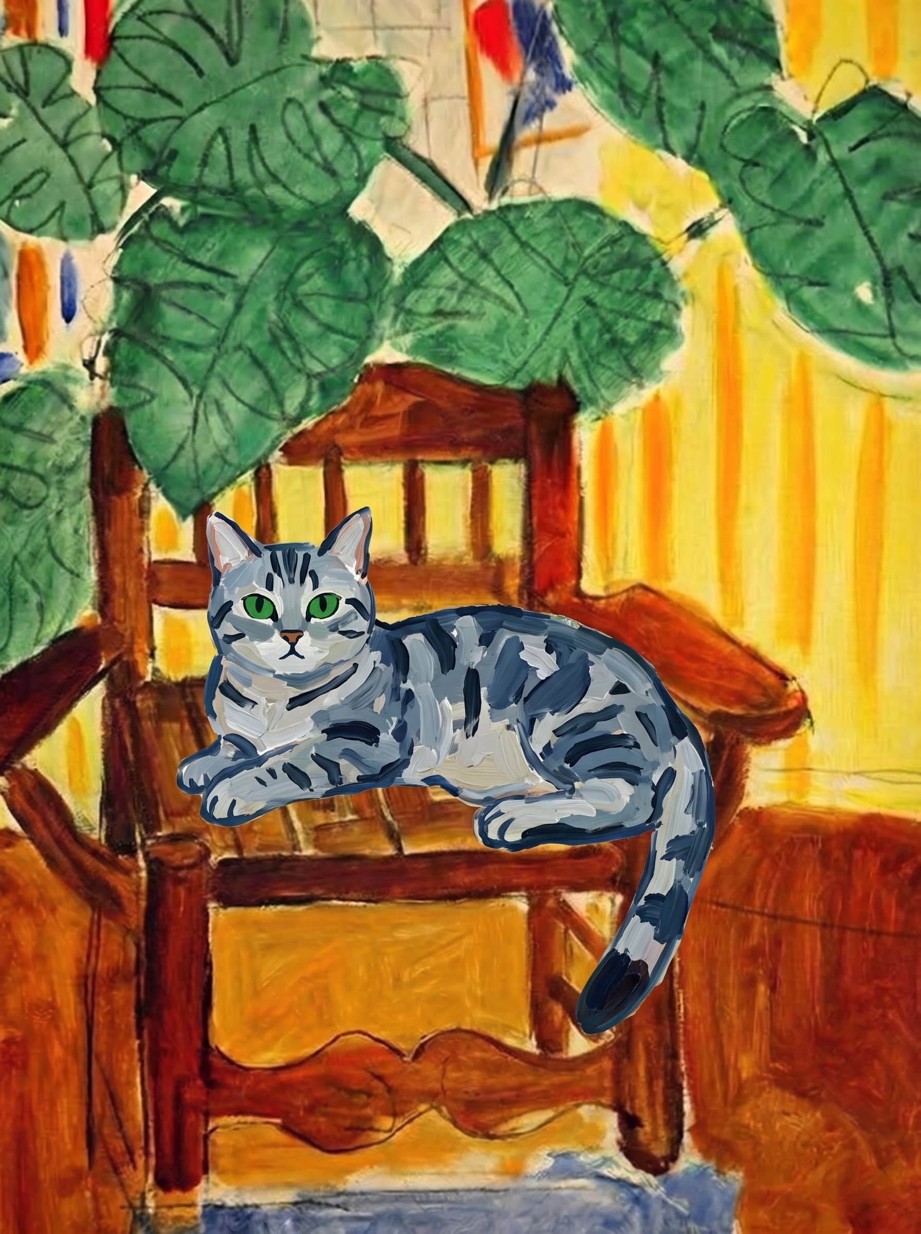 A pet sitting on a brown chair, looking at the viewer. Art Style: Paint in Fauvism, post-impressionism style. Use simplified shapes, exaggerates color, and flattens perspective to create charm and personality.
Use saturated, non-naturalistic colors and flattened perspective reminiscent of Henri Matisse.
The brushwork is loose, visible, and painterly, with uneven strokes that give the surface texture and movement.
Paint with large areas of flat color patches, simplified shapes, bold decorative outlines, and minimal blending.
The composition is flattened and slightly distorted, with compressed perspective.
The painting is expressive, utilizing thick, confident strokes and quick, rhythmic marks that prioritize texture and visual energy over realistic blending or depth.