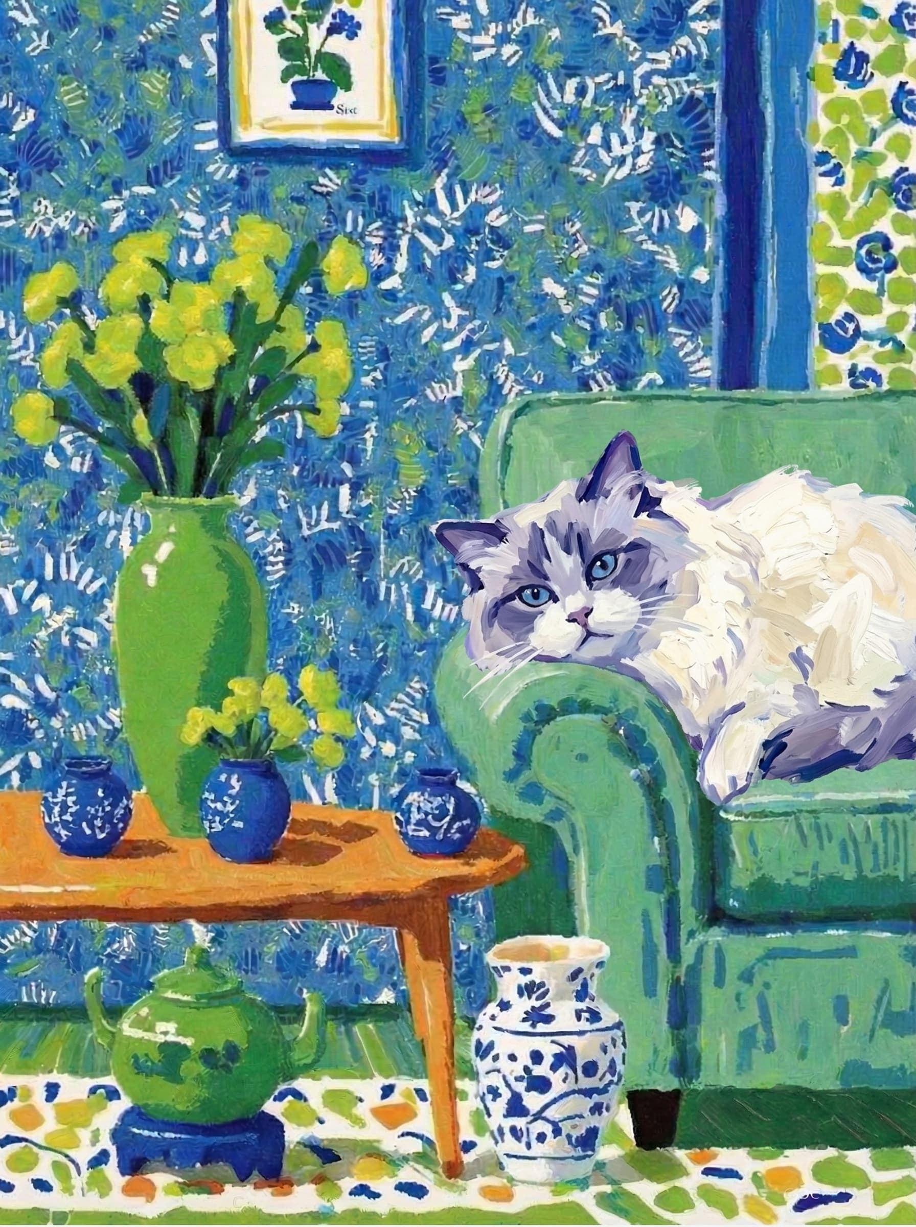 A pet lazy lying on the couch, with head tilt on the edge of couch, eye looking at the the vase. paint in post-impressionism style. Use saturated, non-naturalistic colors and flattened perspective reminiscent of Henri Matisse. painterly and expressive, utilizing thick, confident strokes and quick, rhythmic marks that prioritize texture and visual energy over realistic blending or depth.