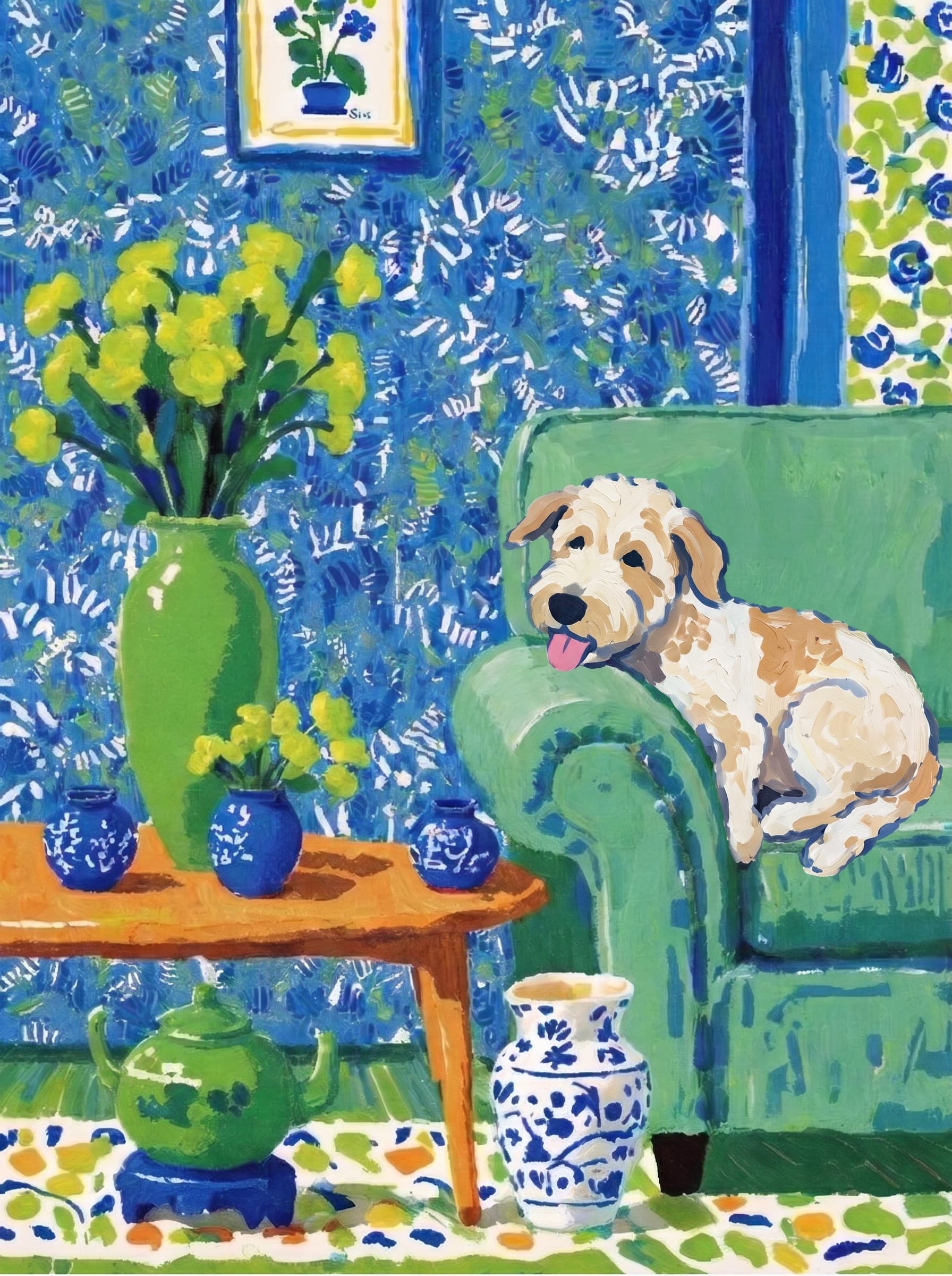 A pet lazy lying on the couch, with head tilt on the edge of couch, eye looking at the the vase. Art Style: Paint in Fauvism, post-impressionism style. Use simplified shapes, exaggerates color, and flattens perspective to create charm and personality.
Use saturated, non-naturalistic colors and flattened perspective reminiscent of Henri Matisse.
The brushwork is loose, visible, and painterly, with uneven strokes that give the surface texture and movement.
Paint with large areas of flat color patches, simplified shapes, bold decorative outlines, and minimal blending.
The composition is flattened and slightly distorted, with compressed perspective.
The painting is expressive, utilizing thick, confident strokes and quick, rhythmic marks that prioritize texture and visual energy over realistic blending or depth.