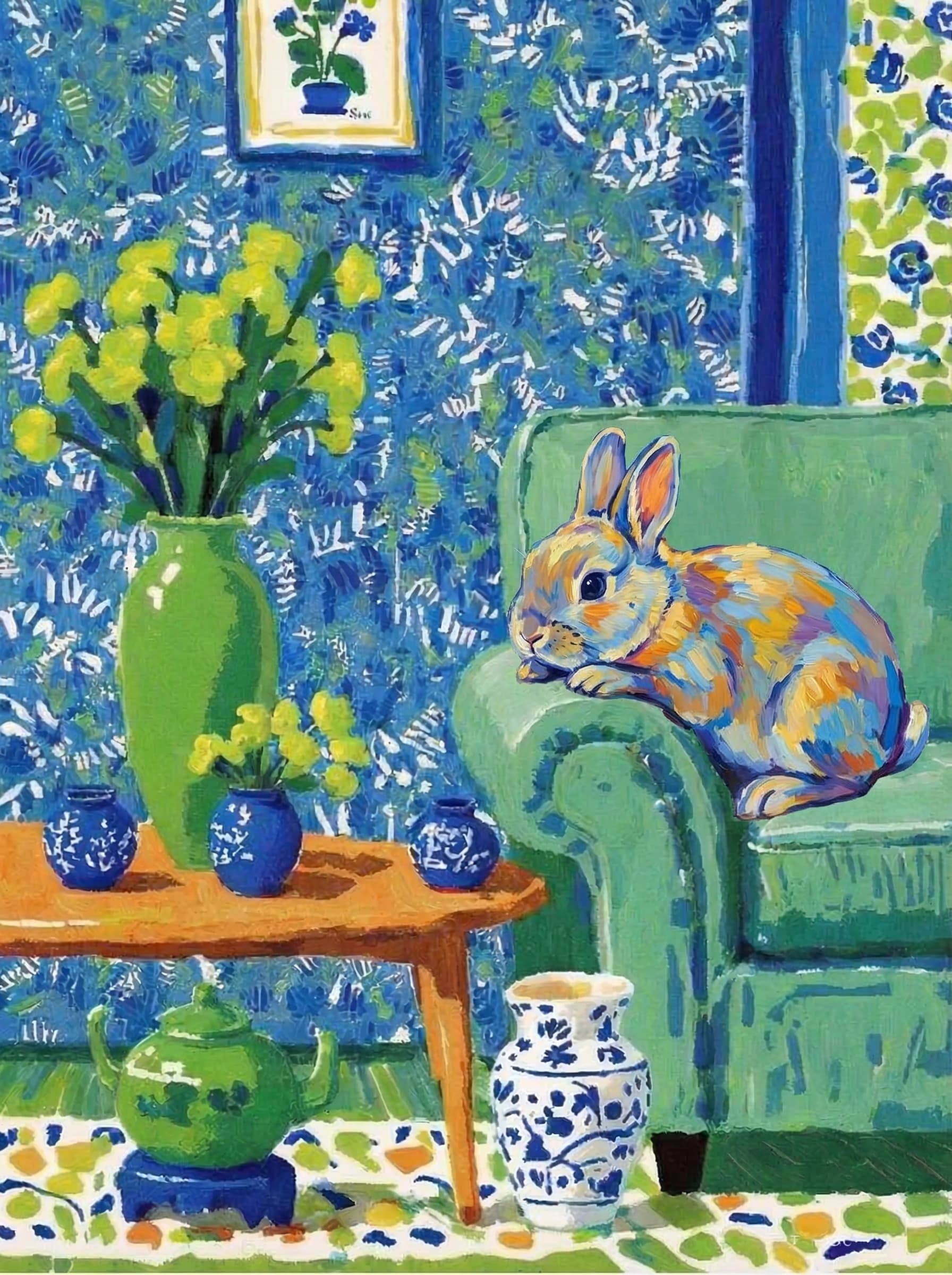 A pet lazy lying on the couch, with head tilt on the edge of couch, eye looking at the the vase. paint in post-impressionism style. Use saturated, non-naturalistic colors and flattened perspective reminiscent of Henri Matisse. painterly and expressive, utilizing thick, confident strokes and quick, rhythmic marks that prioritize texture and visual energy over realistic blending or depth.