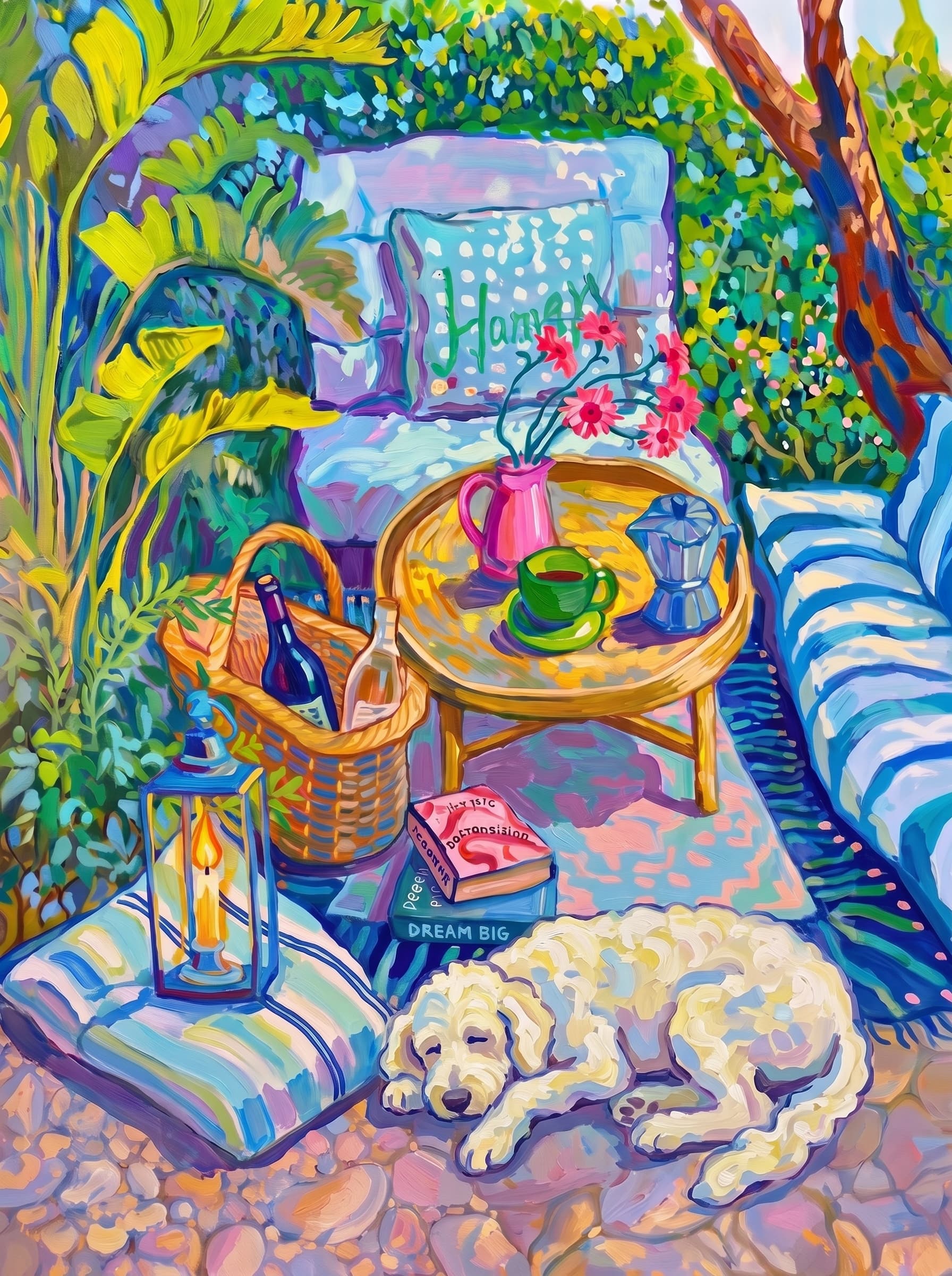 a cozy garden patio filled with lush tropical greenery, blue-and-white striped cushions, a round rattan table, picnic basket, lantern, books, flowers.
The pet is lazily resting in the foreground, almost fall asleep with a relaxed and content expression.
The composition feels intimate and inviting, with foliage and a tree trunk framing the scene, the circular table anchoring the center, and expressive brushwork plus dappled light creating a lively, relaxed outdoor atmosphere.
Art Style: Paint in Fauvism, post-impressionism style. Use simplified shapes, exaggerates color, and flattens perspective to create charm and personality.
Use saturated, non-naturalistic colors and flattened perspective reminiscent of Henri Matisse.
The brushwork is loose, visible, and painterly, with uneven strokes that give the surface texture and movement.
Paint with large areas of flat color patches, simplified shapes, bold decorative outlines, and minimal blending.
The composition is flattened and slightly distorted, with compressed perspective.
The painting is expressive, utilizing thick, confident strokes and quick, rhythmic marks that prioritize texture and visual energy over realistic blending or depth.
