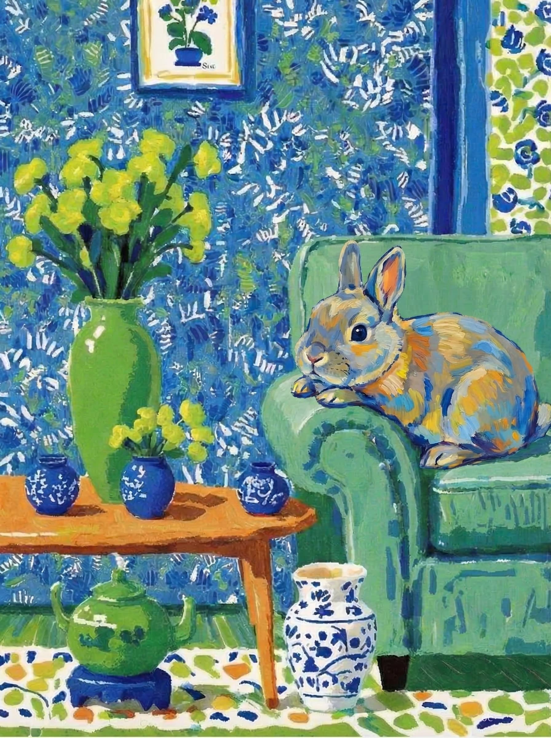 A pet lazy lying on the couch, with head tilt on the edge of couch, eye looking at the the vase. paint in post-impressionism style. Use saturated, non-naturalistic colors and flattened perspective reminiscent of Henri Matisse. painterly and expressive, utilizing thick, confident strokes and quick, rhythmic marks that prioritize texture and visual energy over realistic blending or depth.