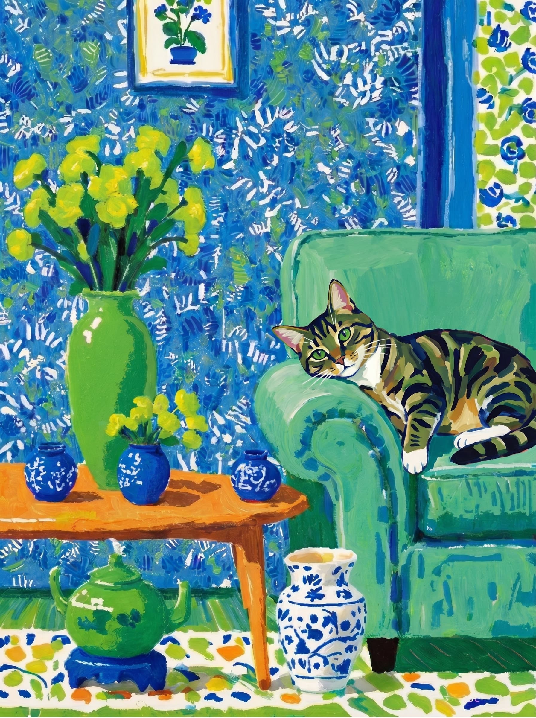 A pet lazy lying on the couch, with head tilt on the edge of couch, eye looking at the the vase. Art Style: Paint in Fauvism, post-impressionism style. Use simplified shapes, exaggerates color, and flattens perspective to create charm and personality.
Use saturated, non-naturalistic colors and flattened perspective reminiscent of Henri Matisse.
The brushwork is loose, visible, and painterly, with uneven strokes that give the surface texture and movement.
Paint with large areas of flat color patches, simplified shapes, bold decorative outlines, and minimal blending.
The composition is flattened and slightly distorted, with compressed perspective.
The painting is expressive, utilizing thick, confident strokes and quick, rhythmic marks that prioritize texture and visual energy over realistic blending or depth.