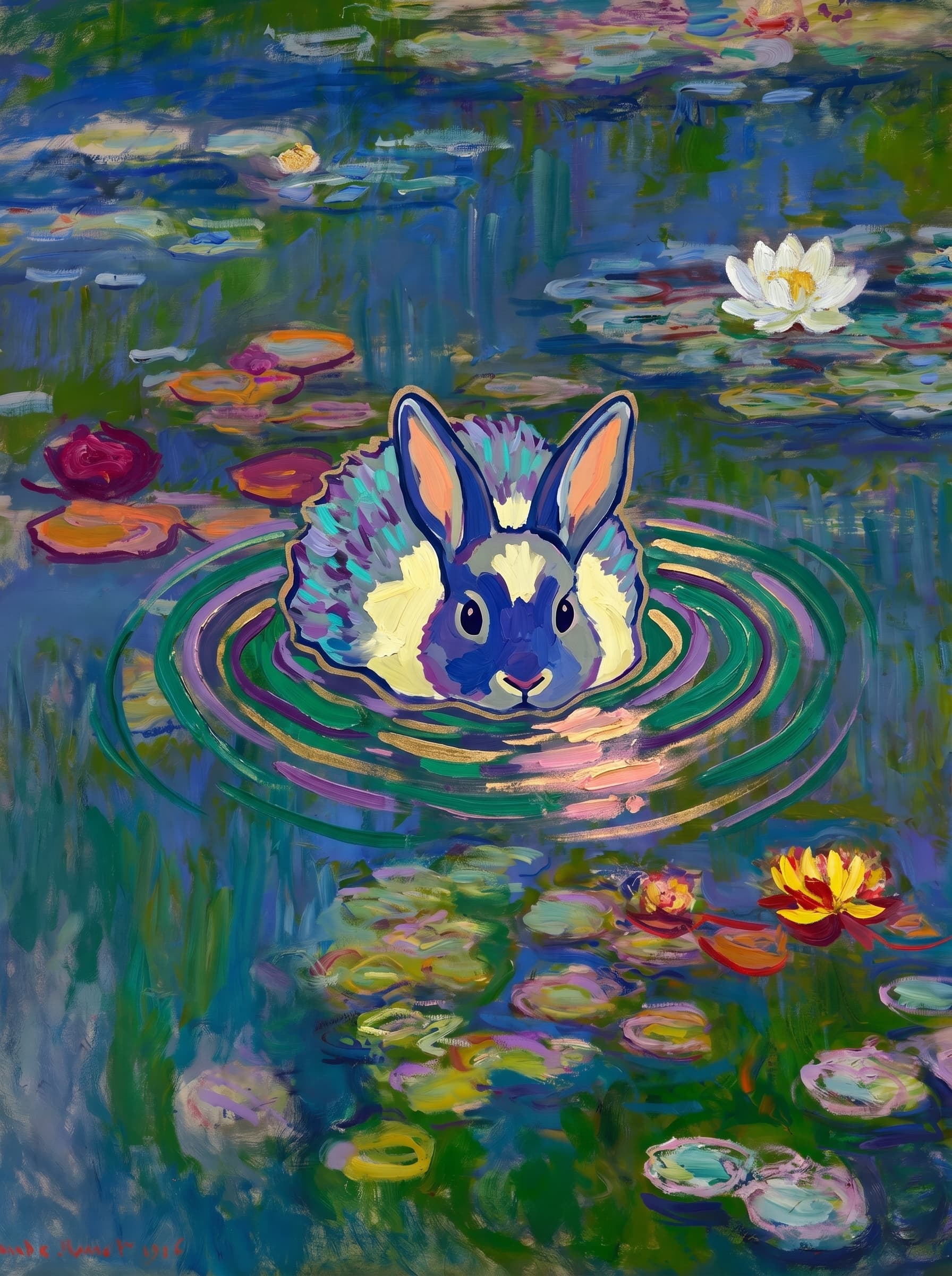 The pet should appear naturally integrated into the middle of the pond, swimming calmly through the water with only its head, upper neck, and a subtle suggestion of its back visible above the surface.
The pet should be facing forward and looking directly at the viewer. Its wet fur should be suggested through painterly strokes.
Blend the pet into the scene using Monet-like impressionist oil painting techniques: visible layered brushstrokes, soft broken color, blue-green reflections, violet shadows, golden-orange highlights, and shimmering ripples around the pet.
The water should partially obscure the pet’s body, with delicate circular ripples spreading outward. Nearby lily pads and water lilies should remain undisturbed but subtly interact with the ripples.
The pet must feel like it was originally painted into the artwork, not pasted on top. Match the atmospheric softness, painterly texture, scale, perspective, and color harmony of the original Water Lilies painting.
Avoid photorealism, sharp outlines, modern digital effects, or excessive detail. The final image should look like a whimsical impressionist oil painting in the spirit of late Monet, with the pet quietly swimming among the lily pads at the center of the pond.
Art Style: Paint in Fauvism, post-impressionism style. Use simplified shapes, exaggerates color, and flattens perspective to create charm and personality.
Use saturated, non-naturalistic colors and flattened perspective reminiscent of Henri Matisse.
The brushwork is loose, visible, and painterly, with uneven strokes that give the surface texture and movement.
Paint with large areas of flat color patches, simplified shapes, bold decorative outlines, and minimal blending.
The composition is flattened and slightly distorted, with compressed perspective.
The painting is expressive, utilizing thick, confident strokes and quick, rhythmic marks that prioritize texture and visual energy over realistic blending or depth.