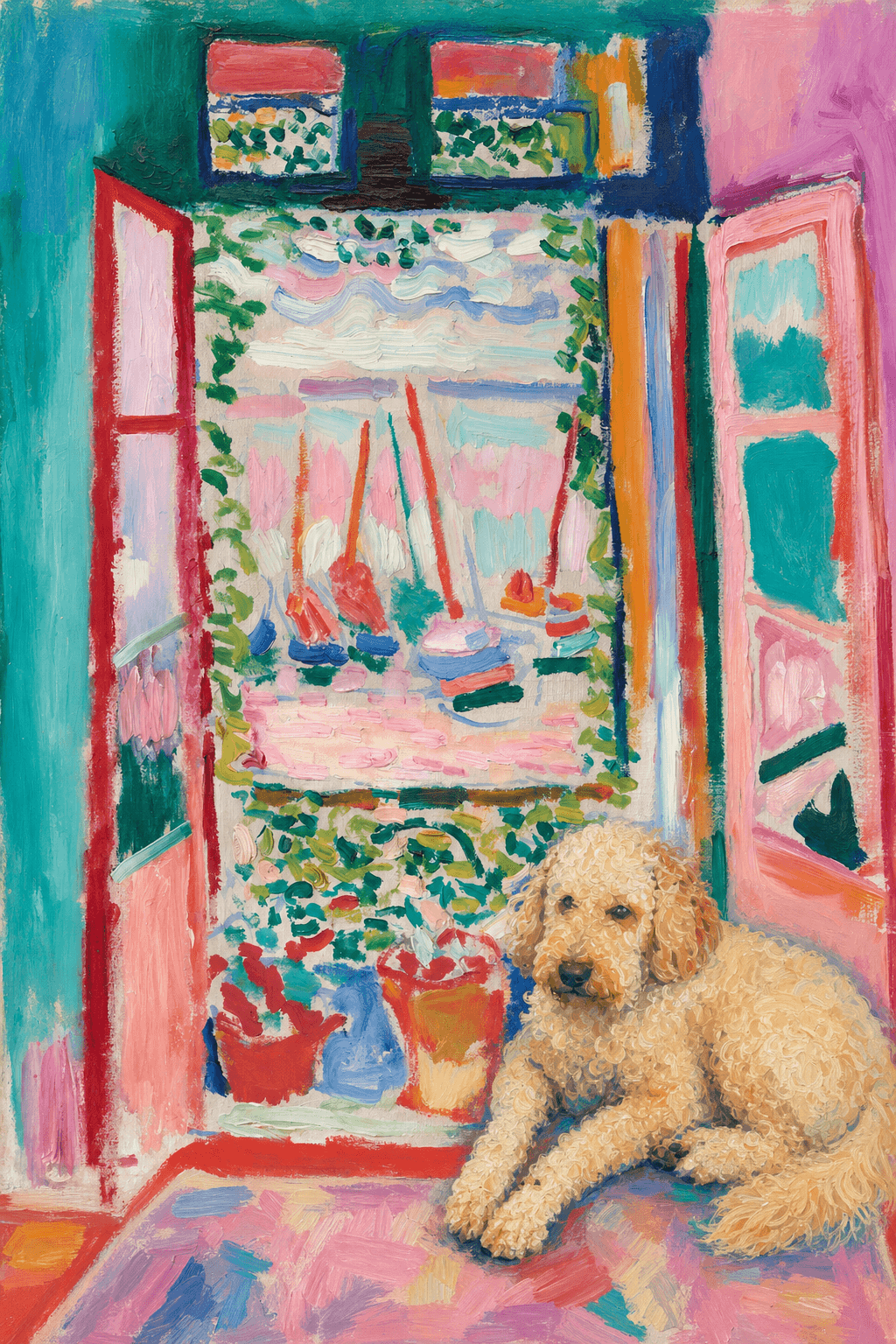 A pet sitting on the right bottom frame of an open door, with its back to the opening while facing the room, looking at the viewer, slight leaning on the right-side door panel. Paint in Fauvism, post-impressionism style. Use simplified shapes, exaggerates color, and flattens perspective to create charm and personality.
Use saturated, non-naturalistic colors and flattened perspective reminiscent of Henri Matisse.
The brushwork is loose, visible, and painterly, with uneven strokes that give the surface texture and movement.
The composition is flattened and slightly distorted, with compressed perspective.
The painting is expressive, utilizing thick, confident strokes and quick, rhythmic marks that prioritize texture and visual energy over realistic blending or depth.