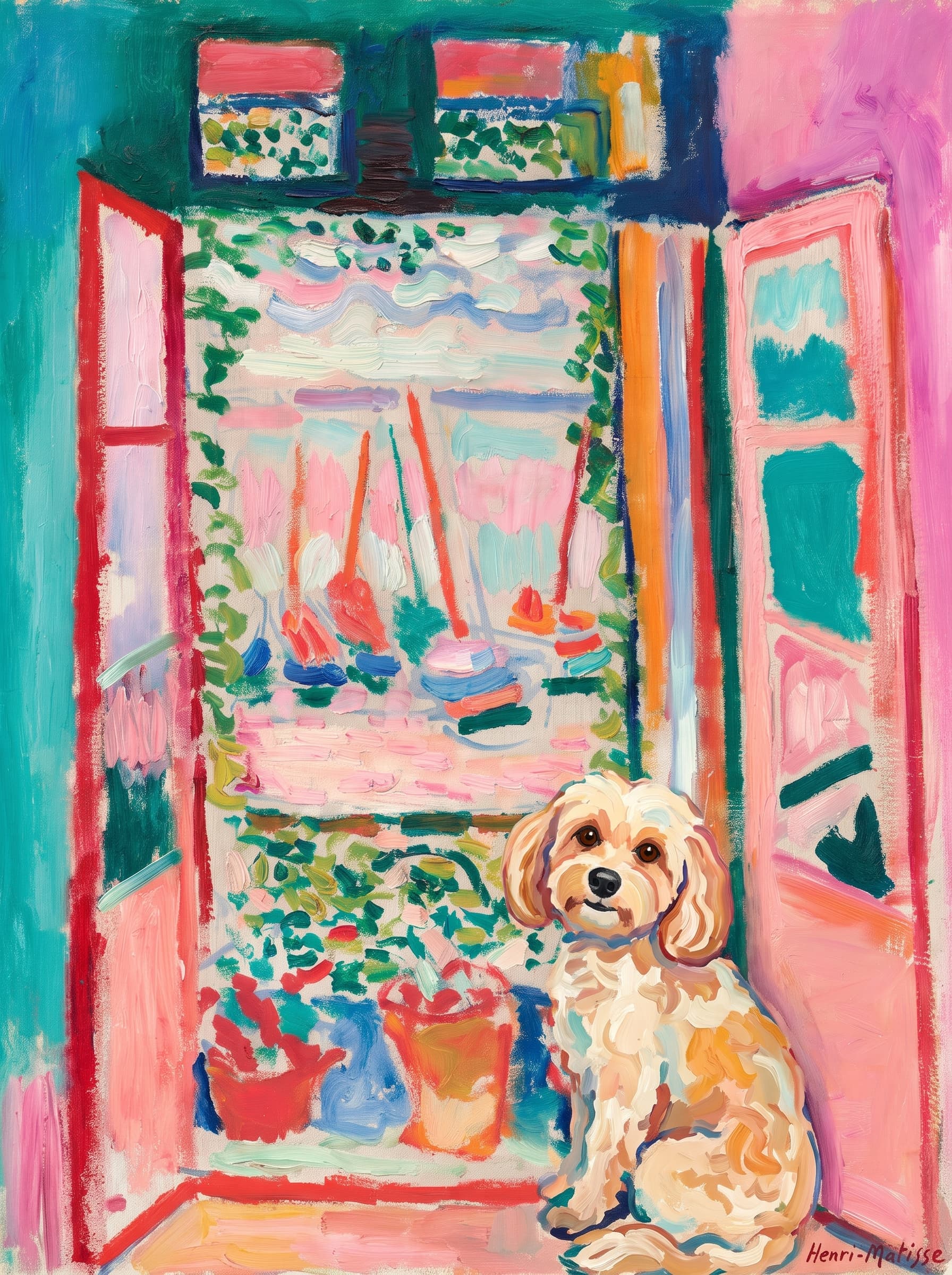 A pet sitting on the right bottom frame of an open door, with its back to the opening while facing the room, looking at the viewer, slight leaning on the right-side door panel. Art Style: Paint in Fauvism, post-impressionism style. Use simplified shapes, exaggerates color, and flattens perspective to create charm and personality.
Use saturated, non-naturalistic colors and flattened perspective reminiscent of Henri Matisse.
The brushwork is loose, visible, and painterly, with uneven strokes that give the surface texture and movement.
Paint with large areas of flat color patches, simplified shapes, bold decorative outlines, and minimal blending.
The composition is flattened and slightly distorted, with compressed perspective.
The painting is expressive, utilizing thick, confident strokes and quick, rhythmic marks that prioritize texture and visual energy over realistic blending or depth.