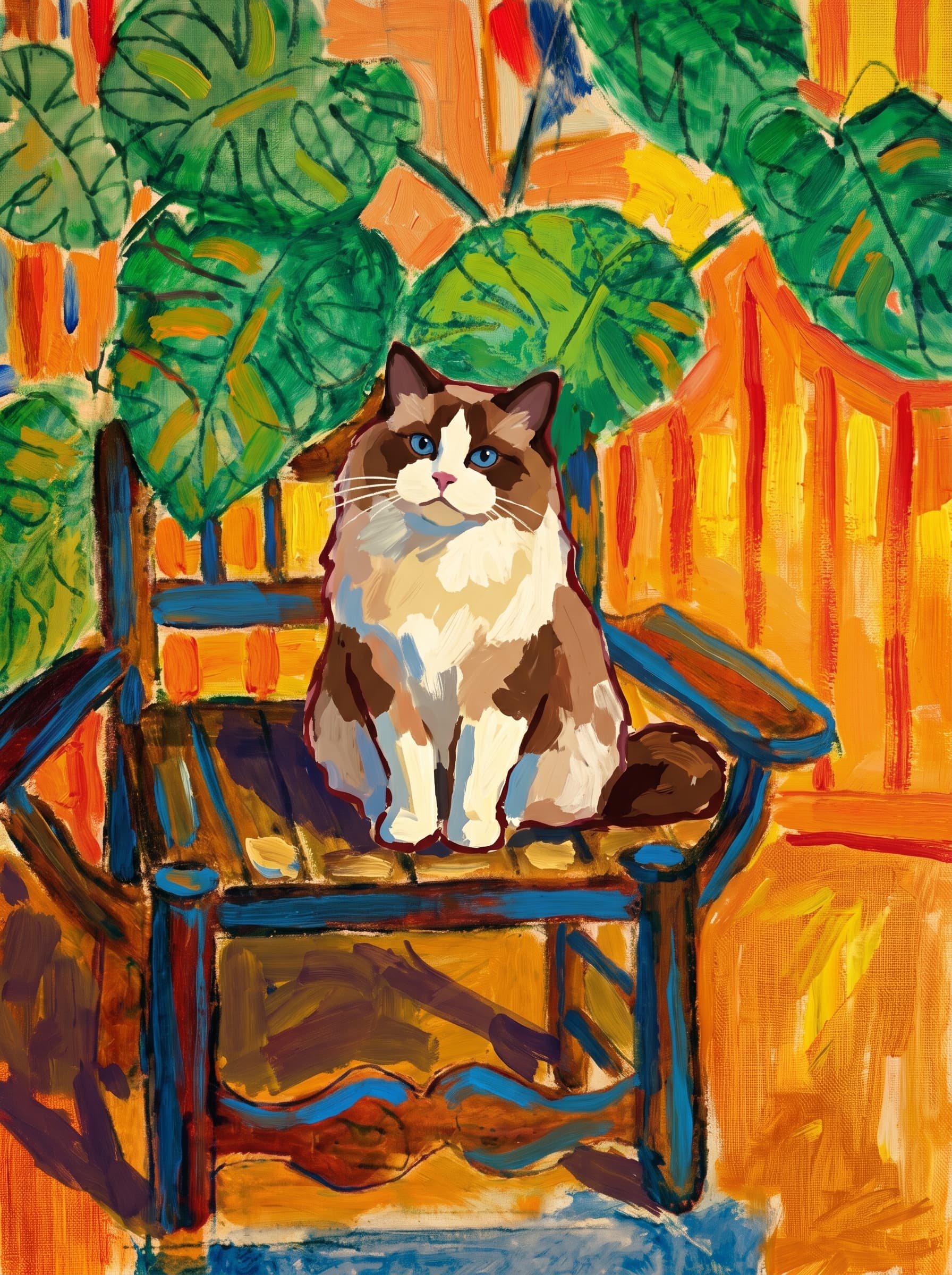 A pet sitting on a brown chair, looking at the viewer. Art Style: Paint in Fauvism, post-impressionism style. Use simplified shapes, exaggerates color, and flattens perspective to create charm and personality.
Use saturated, non-naturalistic colors and flattened perspective reminiscent of Henri Matisse.
The brushwork is loose, visible, and painterly, with uneven strokes that give the surface texture and movement.
Paint with large areas of flat color patches, simplified shapes, bold decorative outlines, and minimal blending.
The composition is flattened and slightly distorted, with compressed perspective.
The painting is expressive, utilizing thick, confident strokes and quick, rhythmic marks that prioritize texture and visual energy over realistic blending or depth.