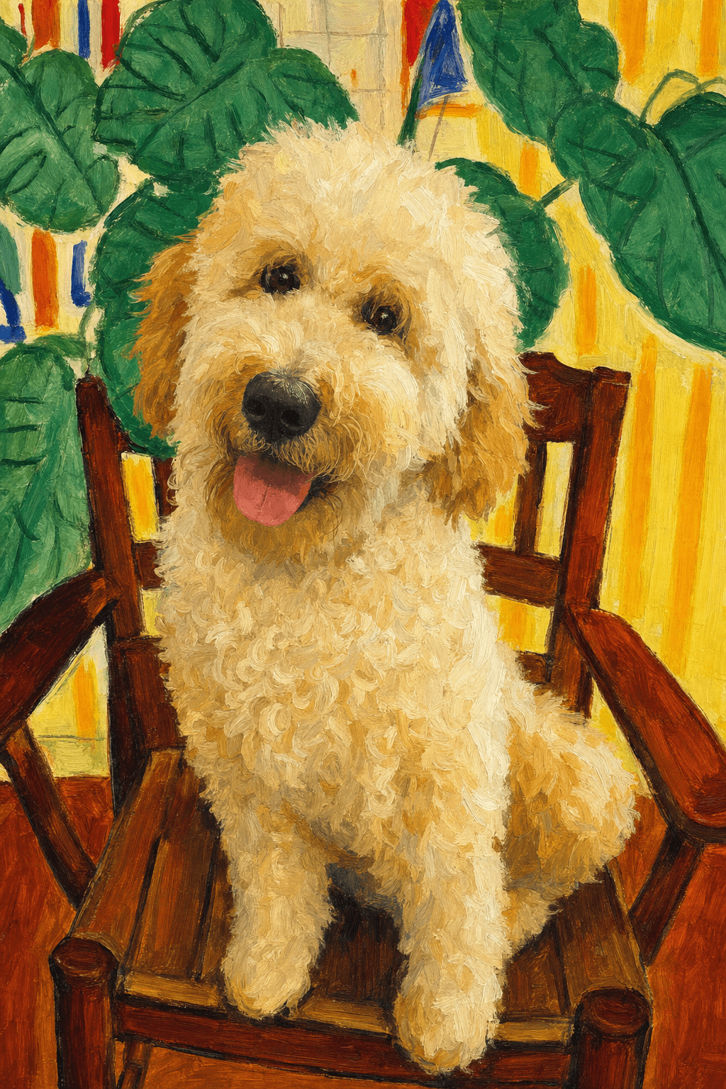 A pet sitting on a brown chair, looking at the viewer. Colors are applied with minimal blending, creating a flat, illustrative feel. The brushwork is broad, rapid, and direct. Strokes are loose, visible, applied thinly, defining the forms quickly without building up significant physical texture or impasto on the surface.