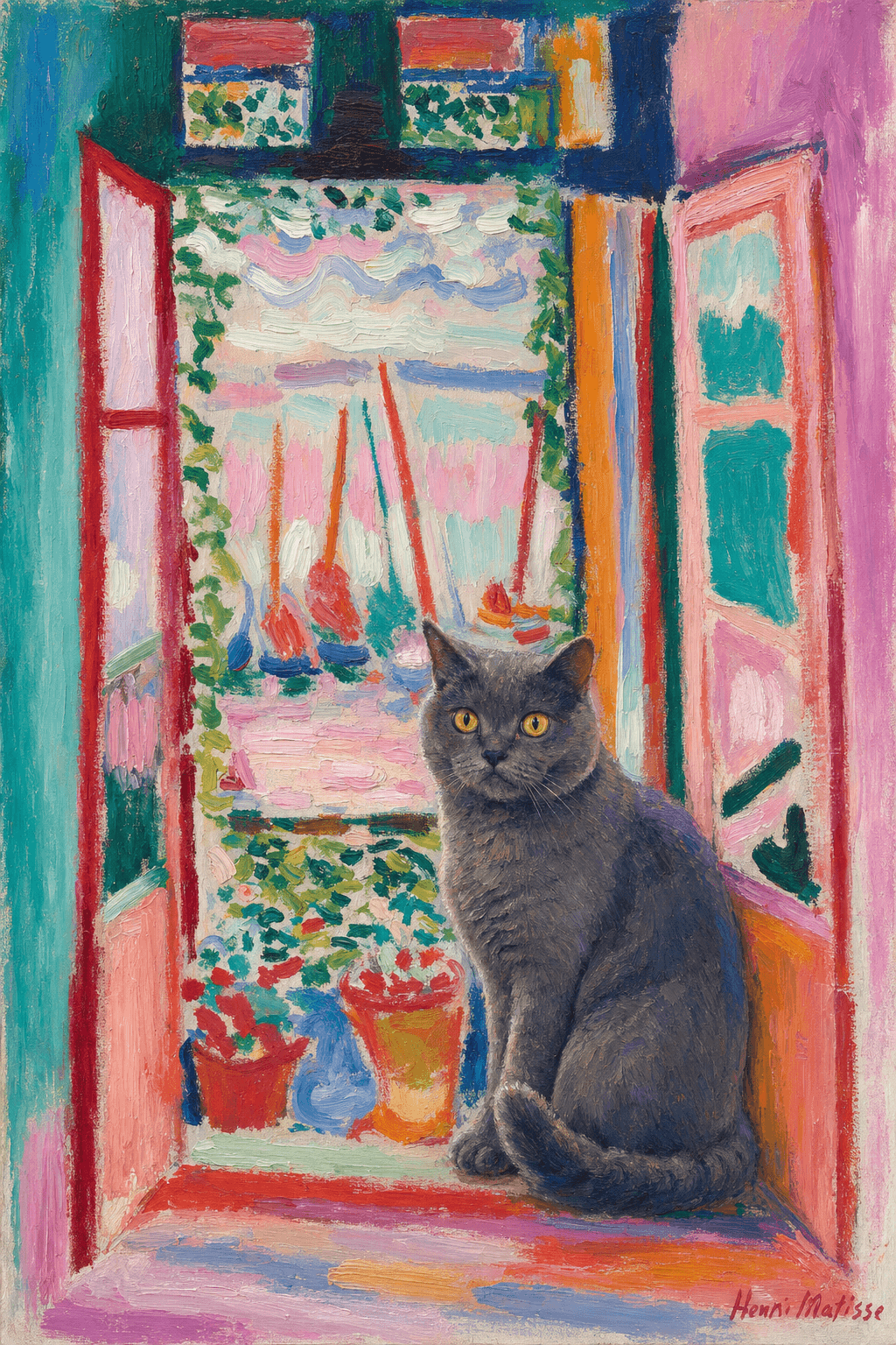 A pet sitting on the right bottom frame of an open door, with its back to the opening while facing the room, looking at the viewer, slight leaning on the right-side door panel. Paint in post-impressionism style. Use loosely painted, vibrantly colored, stylized, vertical painting.
