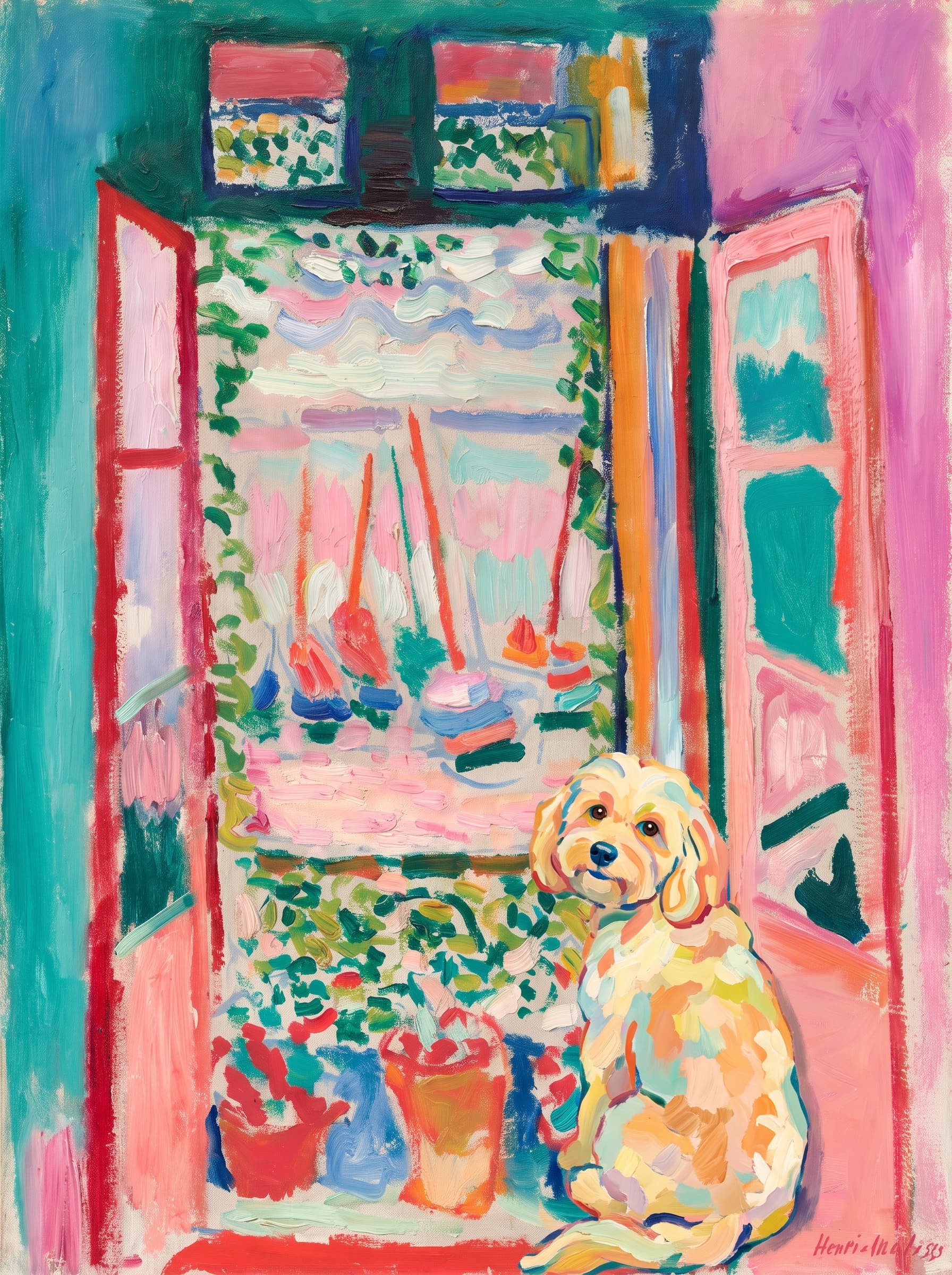 A pet sitting on the right bottom frame of an open door, with its back to the opening while facing the room, looking at the viewer, slight leaning on the right-side door panel. Art Style: Paint in Fauvism, post-impressionism style. Use simplified shapes, exaggerates color, and flattens perspective to create charm and personality.
Use saturated, non-naturalistic colors and flattened perspective reminiscent of Henri Matisse.
The brushwork is loose, visible, and painterly, with uneven strokes that give the surface texture and movement.
Paint with large areas of flat color patches, simplified shapes, bold decorative outlines, and minimal blending.
The composition is flattened and slightly distorted, with compressed perspective.
The painting is expressive, utilizing thick, confident strokes and quick, rhythmic marks that prioritize texture and visual energy over realistic blending or depth.