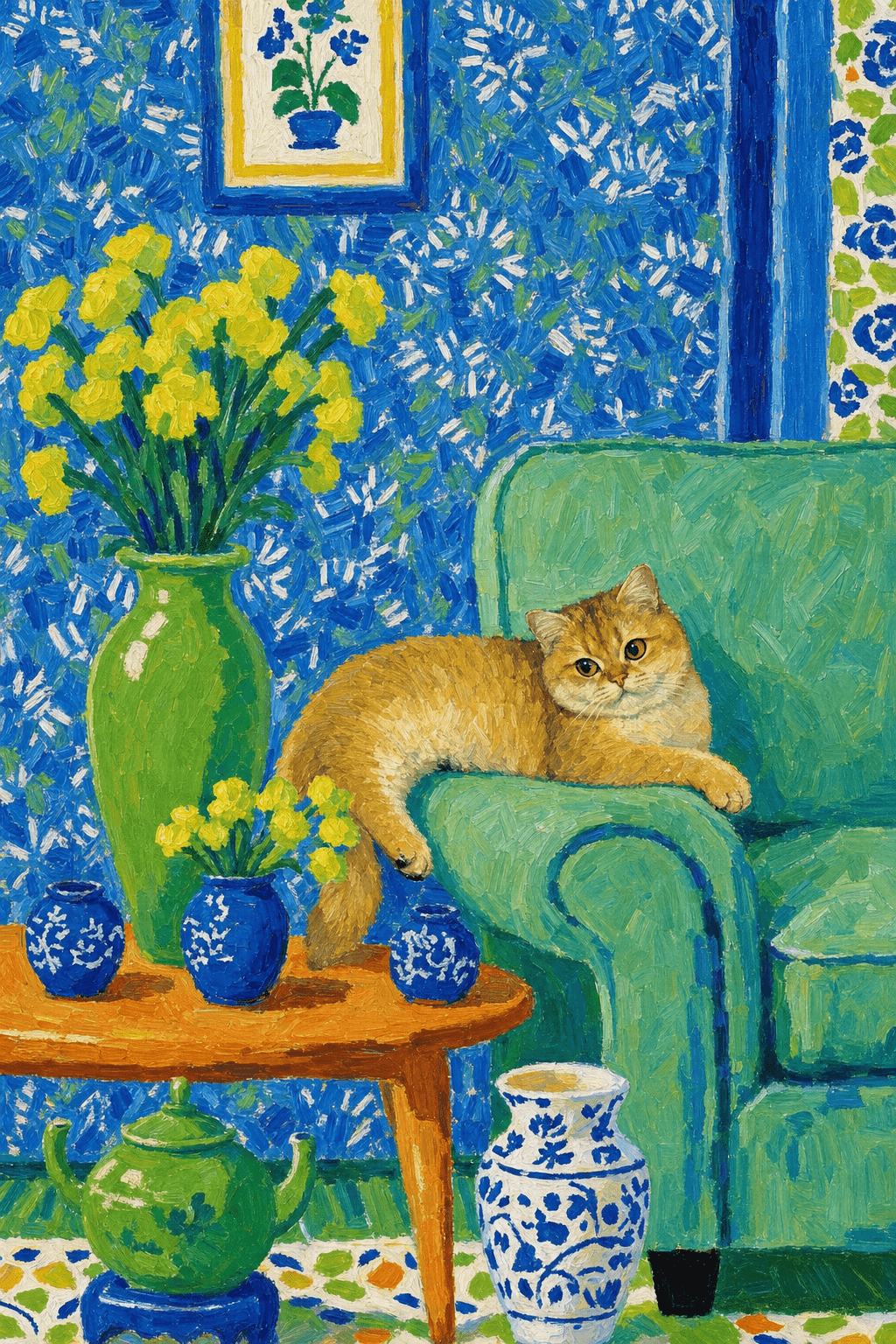 A pet lazy lying on the couch, with head tilt on the edge of couch, eye looking at the the vase. paint in post-impressionism style. Use saturated, non-naturalistic colors and flattened perspective reminiscent of Henri Matisse. painterly and expressive, utilizing thick, confident strokes and quick, rhythmic marks that prioritize texture and visual energy over realistic blending or depth.