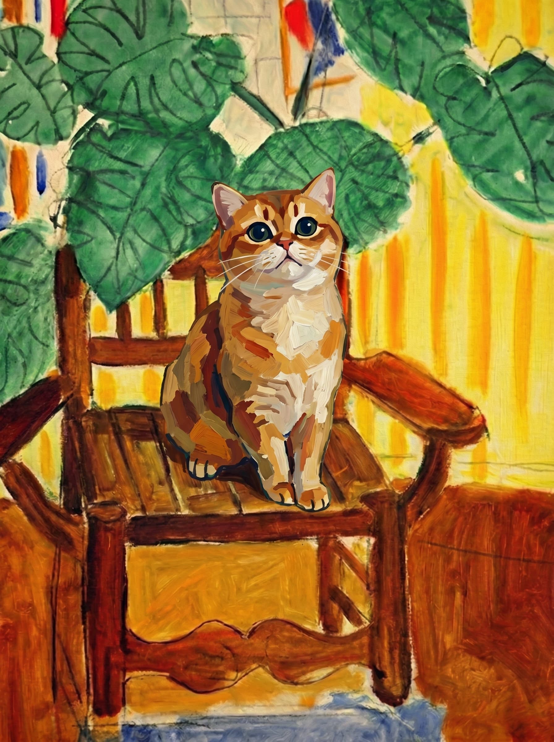 A pet sitting on a brown chair, looking at the viewer. Art Style: Paint in Fauvism, post-impressionism style. Use simplified shapes, exaggerates color, and flattens perspective to create charm and personality.
Use saturated, non-naturalistic colors and flattened perspective reminiscent of Henri Matisse.
The brushwork is loose, visible, and painterly, with uneven strokes that give the surface texture and movement.
Paint with large areas of flat color patches, simplified shapes, bold decorative outlines, and minimal blending.
The composition is flattened and slightly distorted, with compressed perspective.
The painting is expressive, utilizing thick, confident strokes and quick, rhythmic marks that prioritize texture and visual energy over realistic blending or depth.